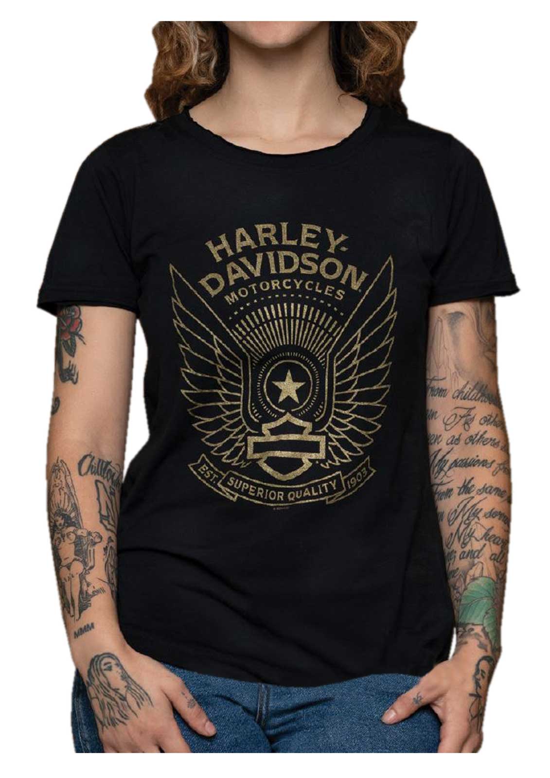 Harley-Davidson Women's Whoosh Metallic Raw-Edge Short Sleeve Tee, Black - Wisconsin Harley-Davidson