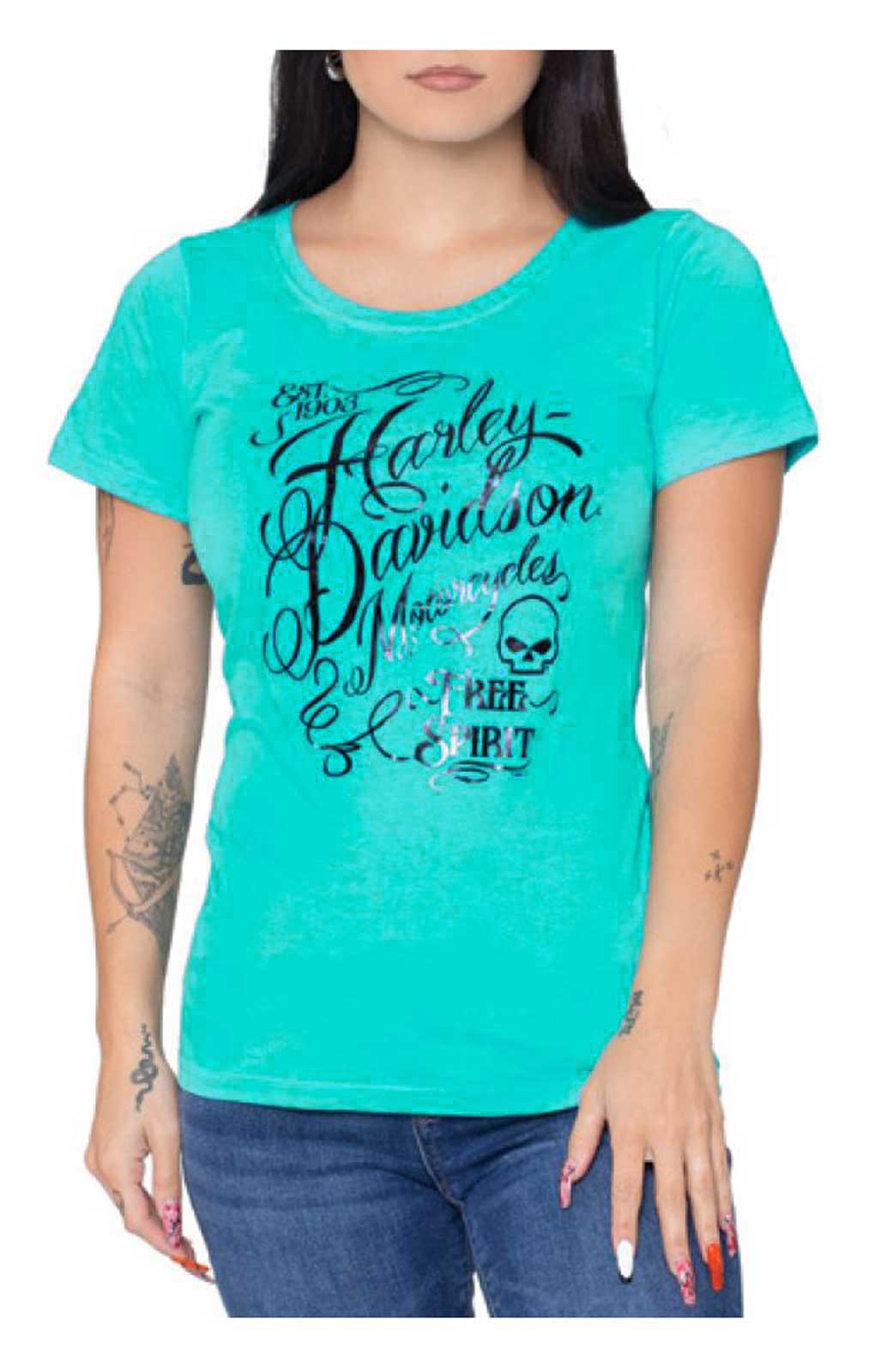 Harley-Davidson Women's Swirl Spirit Foil Scoop Neck Short Sleeve Tee, Blue - Wisconsin Harley-Davidson