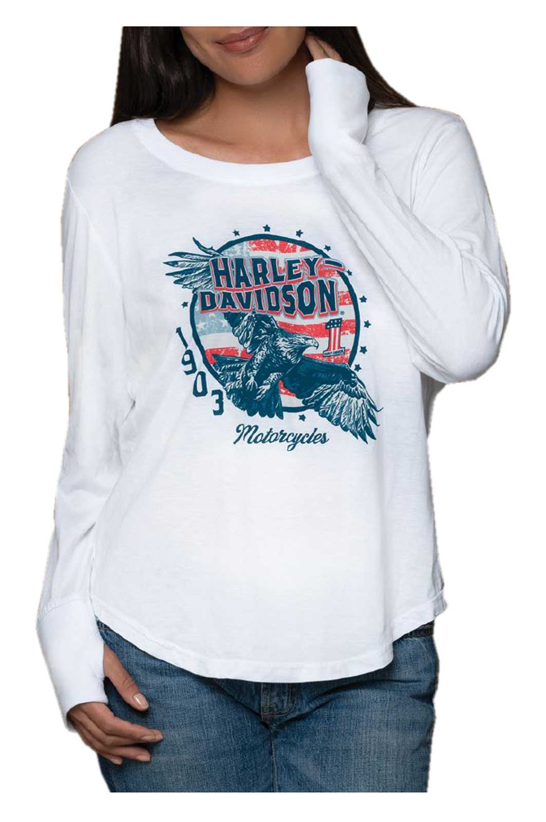 Harley-Davidson Women's Dutiful Long Sleeve Shirt w/ Thumbholes, White - Wisconsin Harley-Davidson