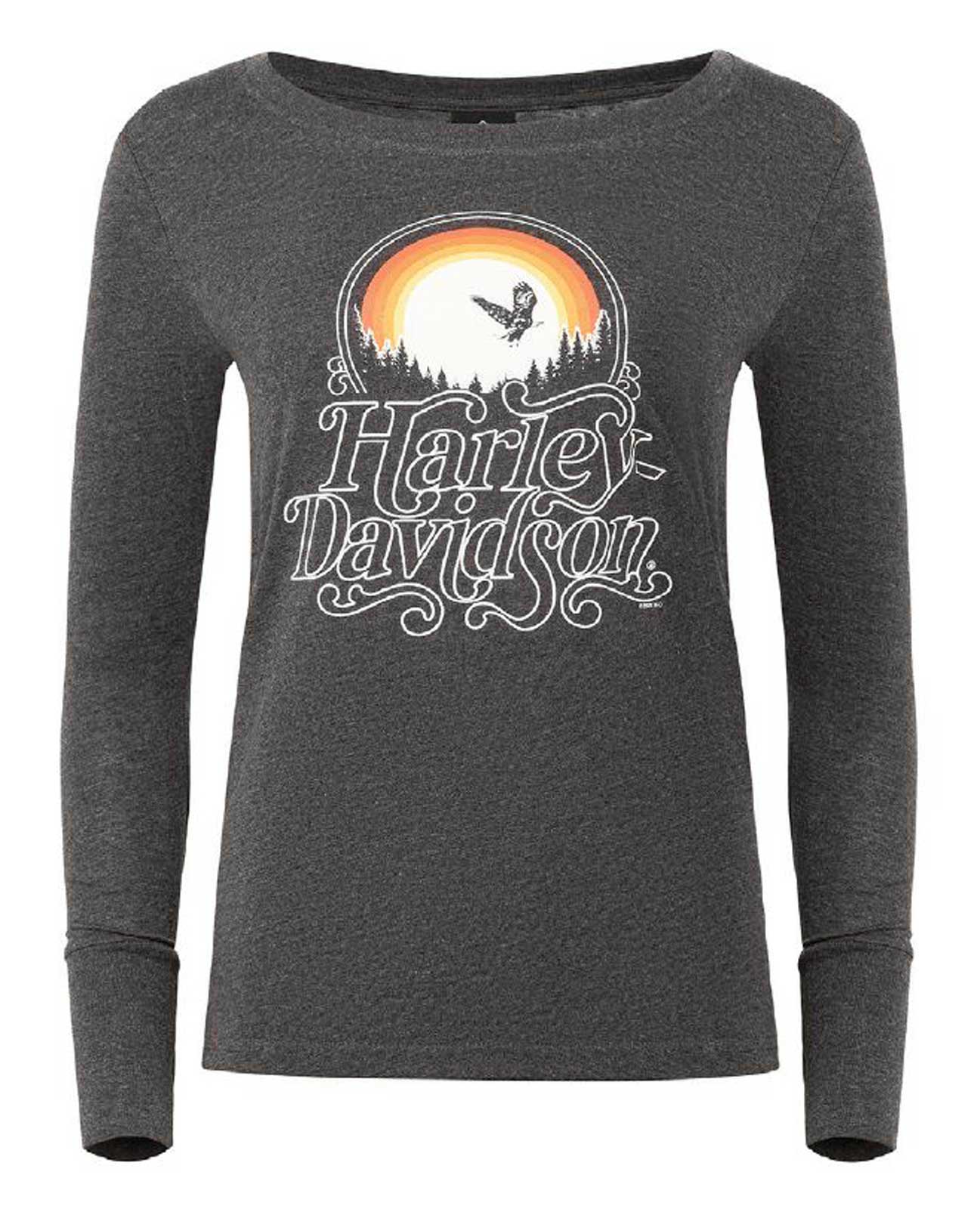 Harley-Davidson Women's Sunset Eagle Long Sleeve Scoop Neck Shirt, Black - Wisconsin Harley-Davidson