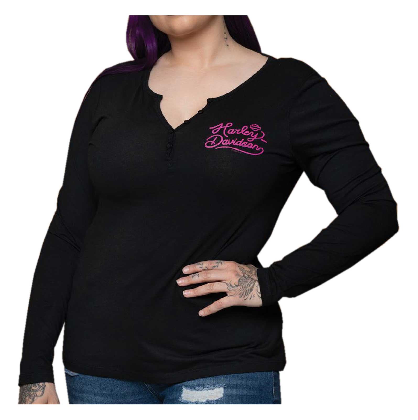 Harley-Davidson Women's Purpose Long Sleeve Poly-Blend Henley Tee, Black - Wisconsin Harley-Davidson
