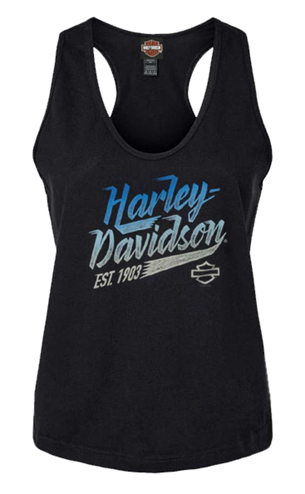 Harley-Davidson Women's Devout Sleeveless Racerback Curved Hem Tank Top - Black - Wisconsin Harley-Davidson