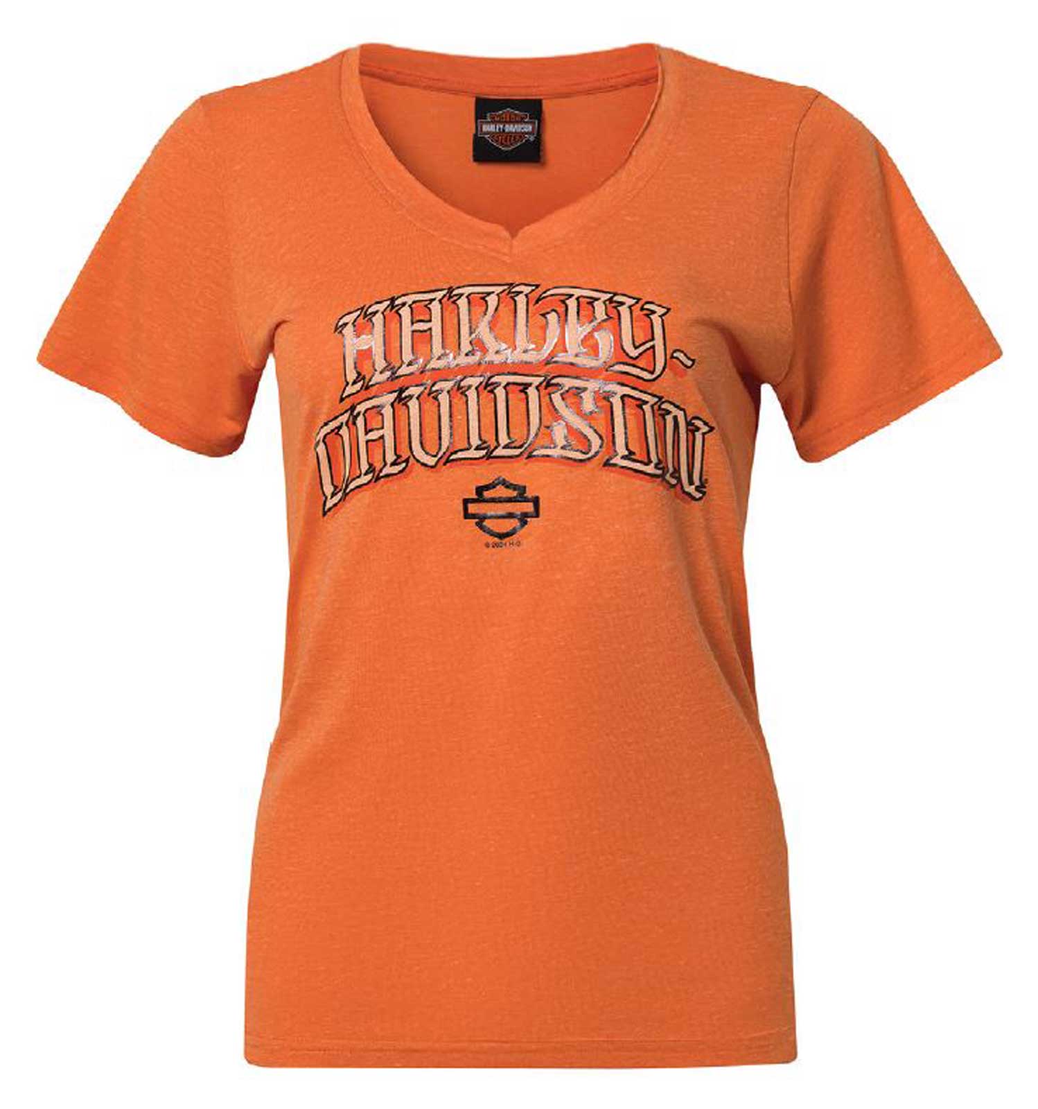Harley-Davidson Women's Flare Foil Notched V-Neck Poly-Blend Tee, Orange - Wisconsin Harley-Davidson