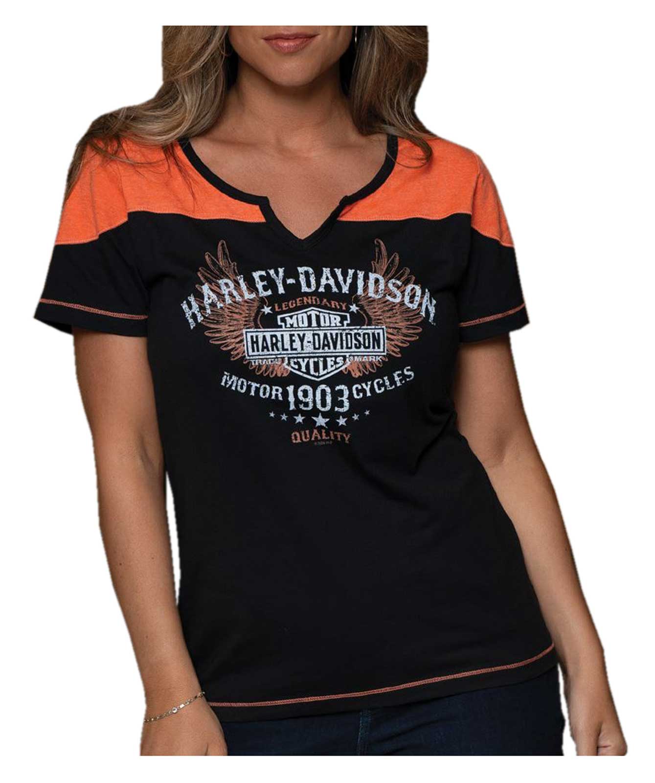 Harley-Davidson Women's Righteous Notched V-Neck Colorblocked Tee, Black/Orange - Wisconsin Harley-Davidson