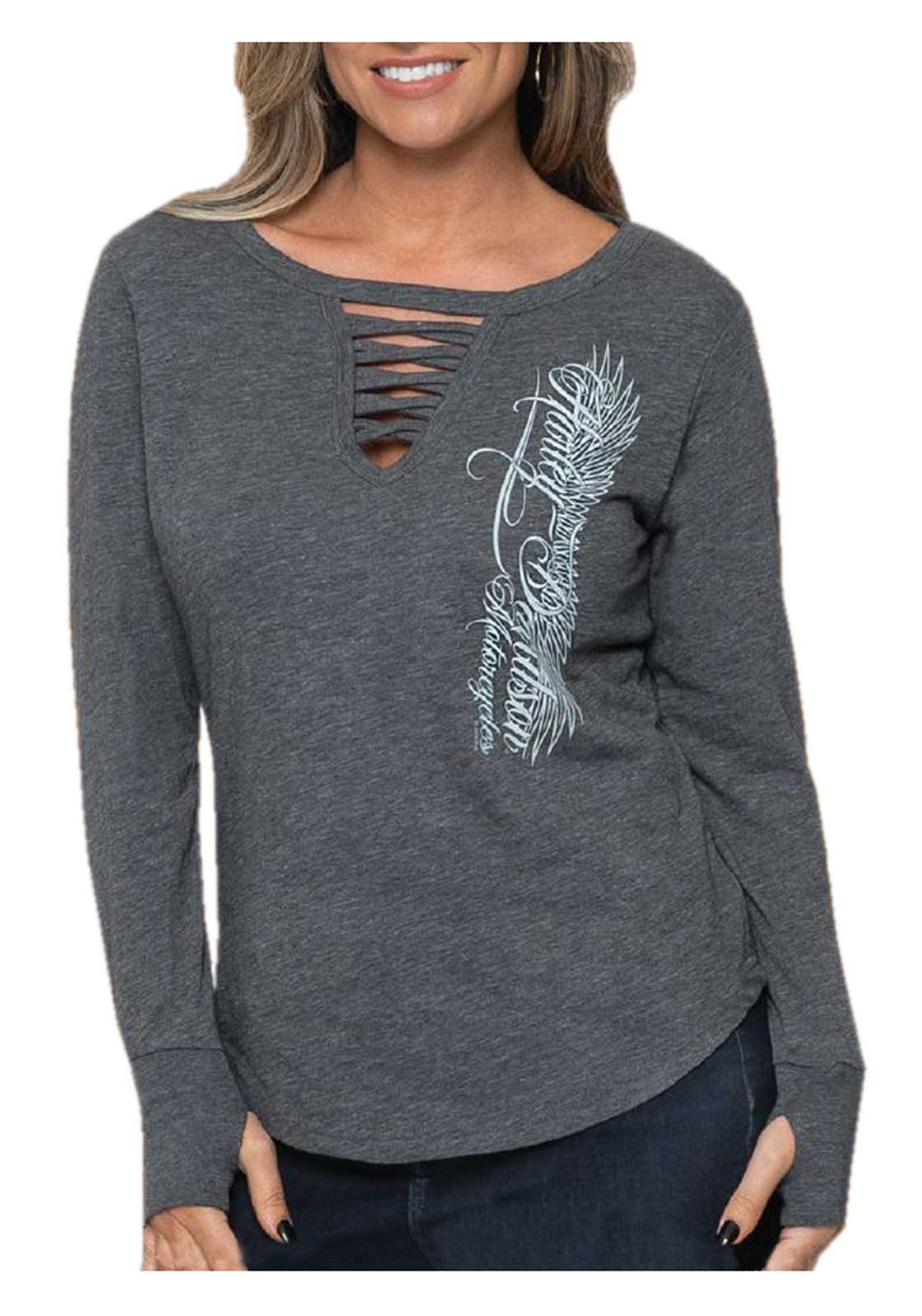 Harley-Davidson Women's Steep Cross Strap Long Sleeve Shirt, Dark Gray - Wisconsin Harley-Davidson