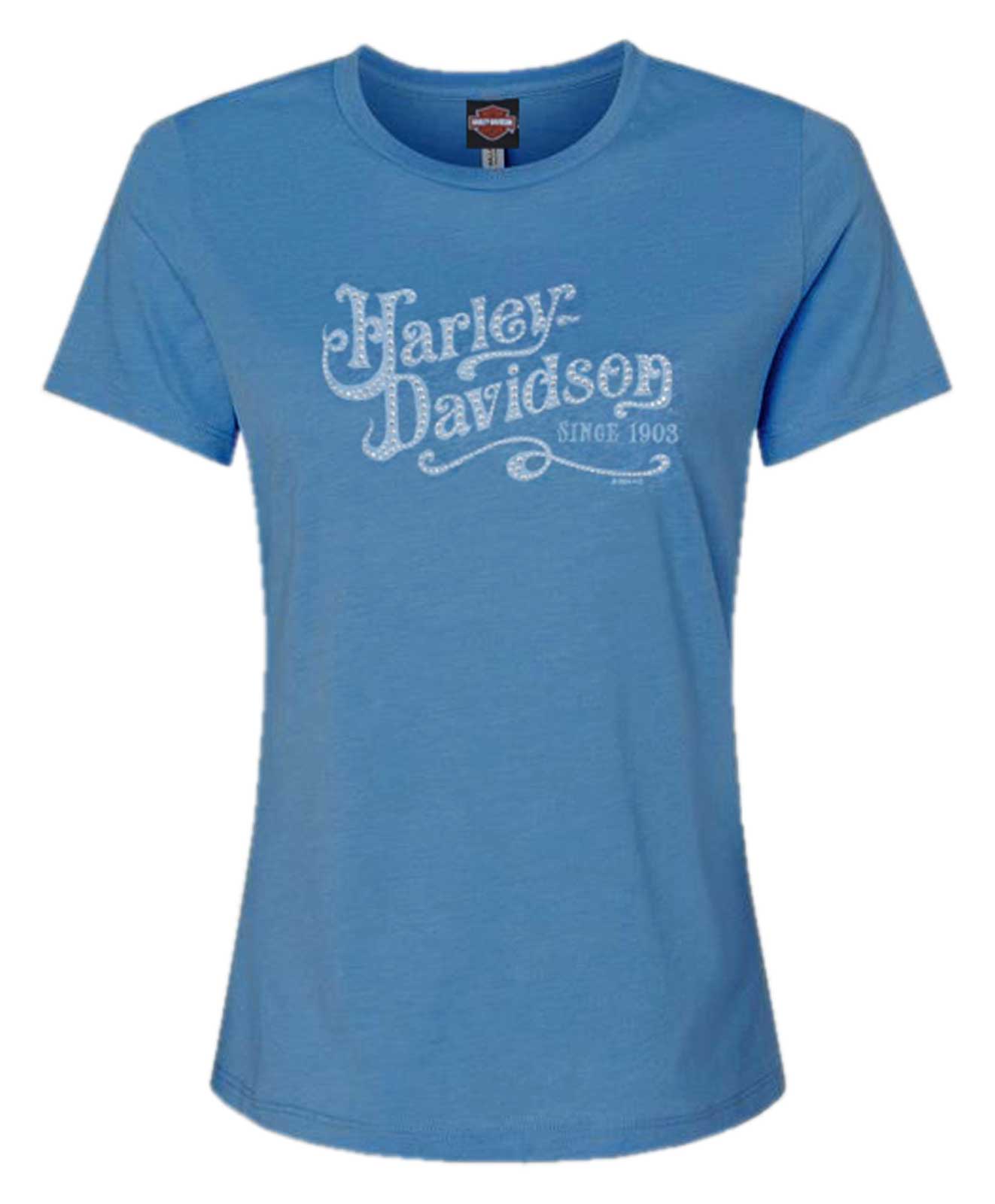 Harley-Davidson Womens Embellished Smoke Scoop Neck Short Sleeve Tee, Teal - Wisconsin Harley-Davidson