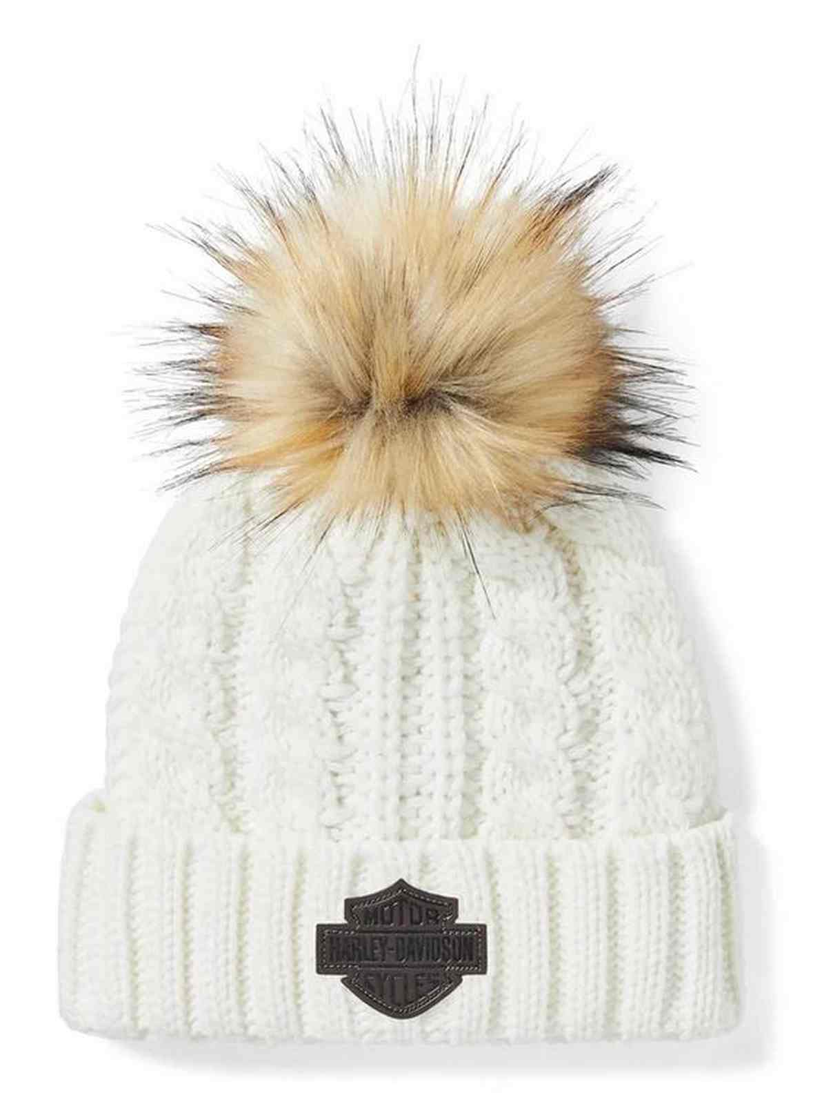 Harley-Davidson Women's Leather Patch Pom Winter Beanie, White 97781-25VW - Wisconsin Harley-Davidson