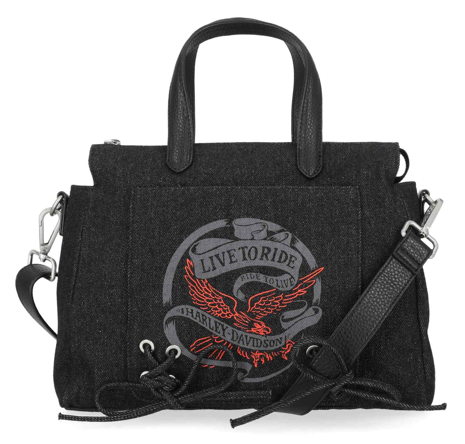 Harley-Davidson Women's Live To Ride Washed Canvas Satchel Purse, Black - Wisconsin Harley-Davidson