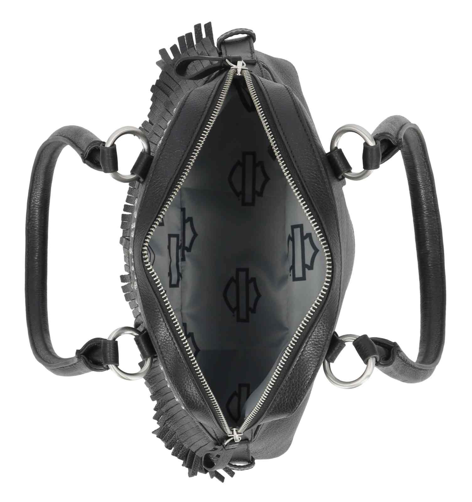 Harley-Davidson Women's Fringe Studded Genuine Leather Satchel Bag, Black - Largest Selection of Harley-Davidson Products