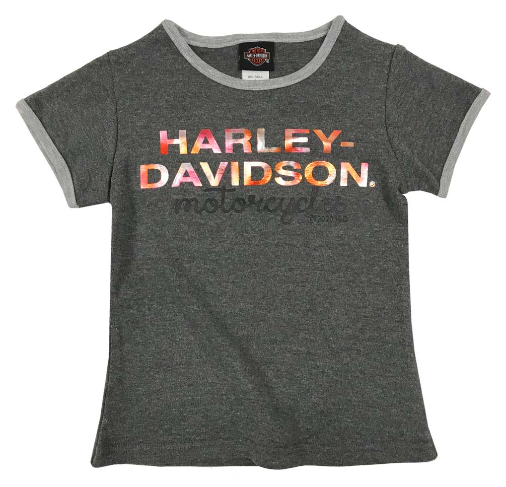 Harley-Davidson Little Girls' Metallic Script Knit Short Sleeve Tee, Dark Gray - Wisconsin Harley-Davidson