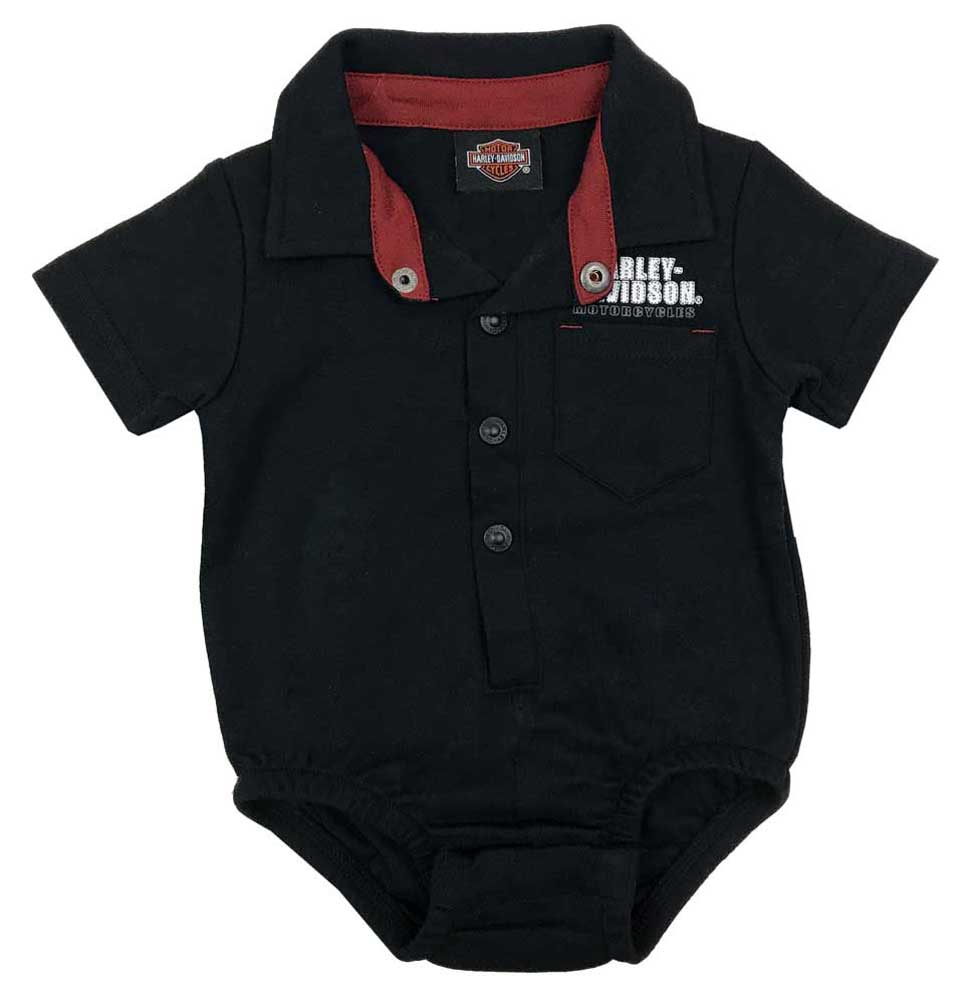 Harley-Davidson Baby Boys' Button Short Sleeve Stretchy Knit Creeper - Black - Wisconsin Harley-Davidson