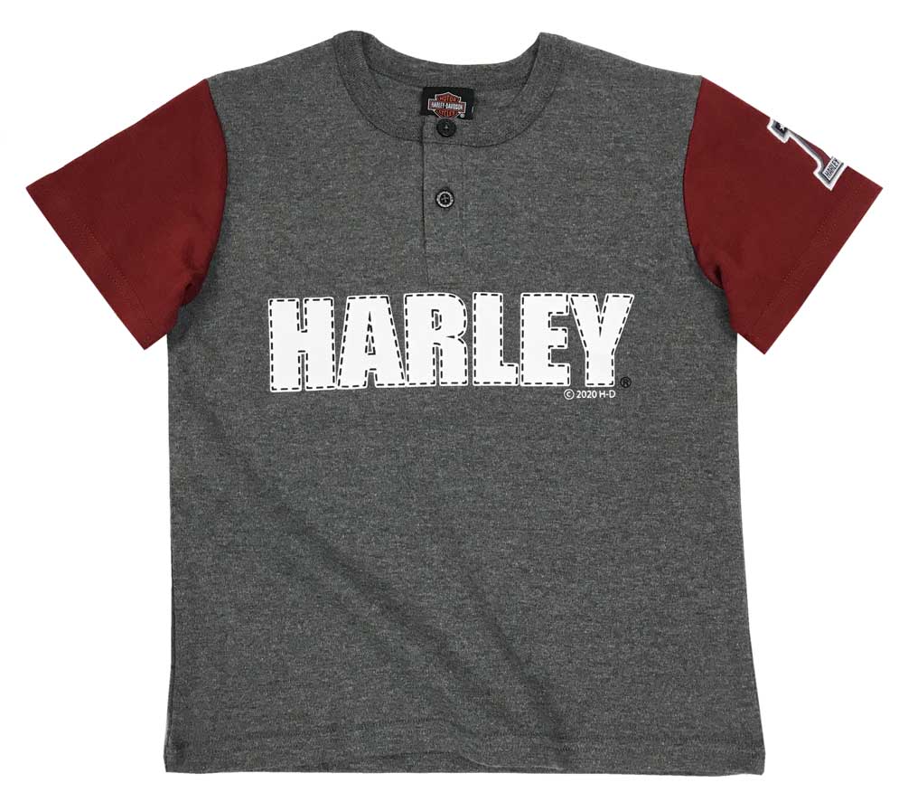 Harley-Davidson Little Boys' H-D Short Sleeve Knit Henley Shirt - Gray & Maroon - Wisconsin Harley-Davidson