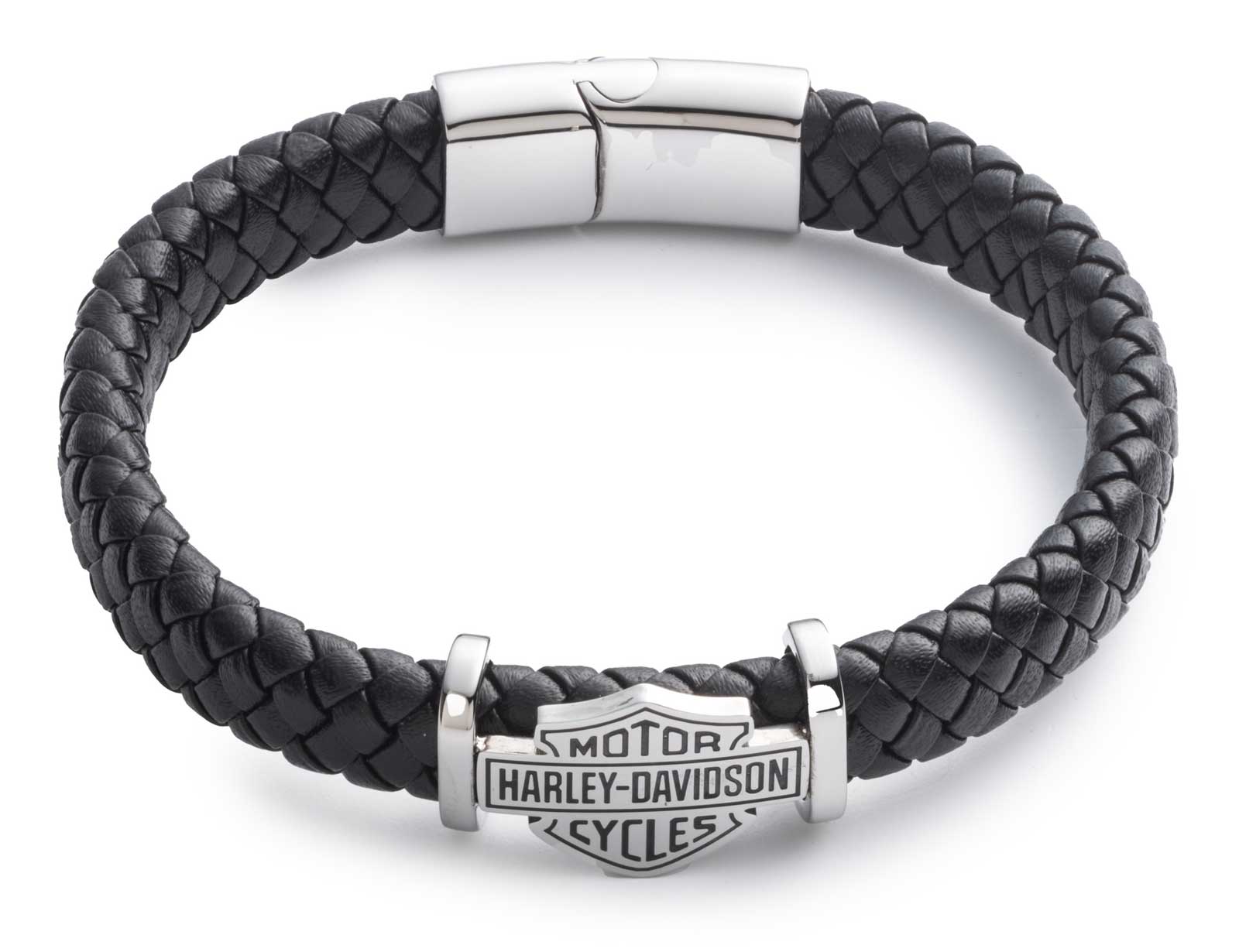 Harley-Davidson Men's 9 in. Woven Leather Bar & Shield Logo Bracelet, Black - Wisconsin Harley-Davidson