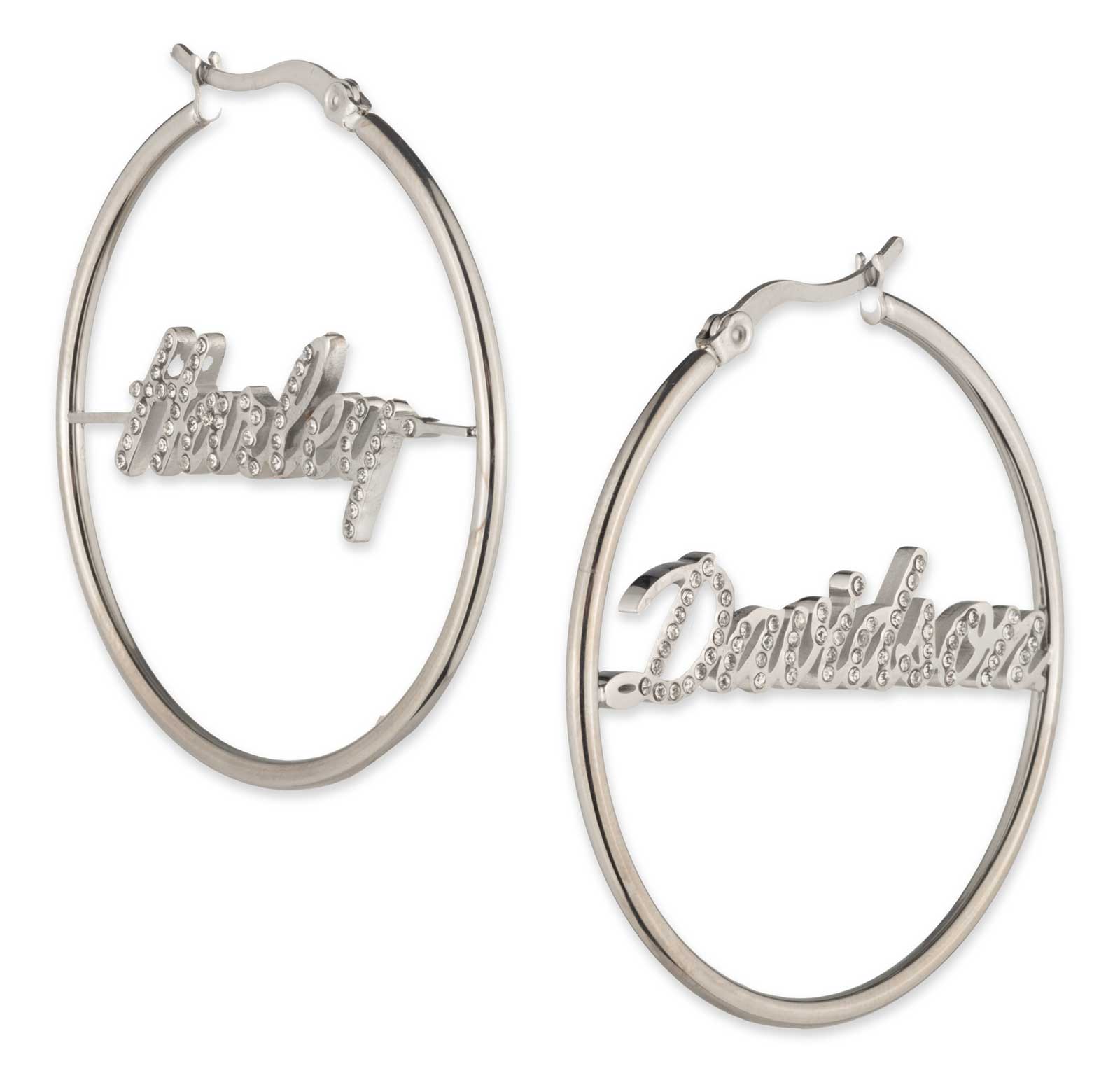 Harley-Davidson Women's Cursive HD Script Mismatch Crystal Hoop Earrings, Silver - Wisconsin Harley-Davidson