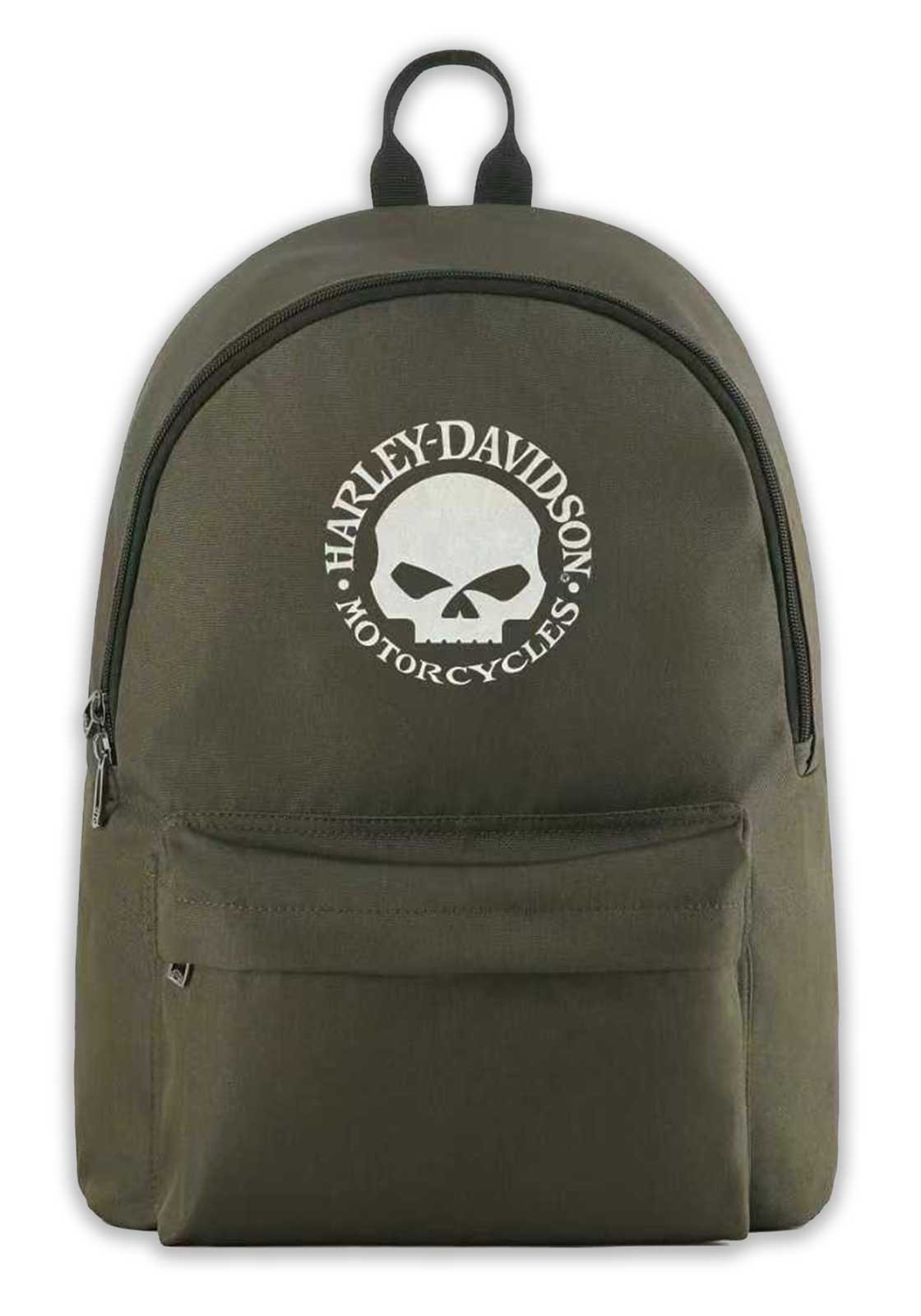 Harley-Davidson Rugged Willie G Skull Graphic Durable Backpack, Army Green - Wisconsin Harley-Davidson