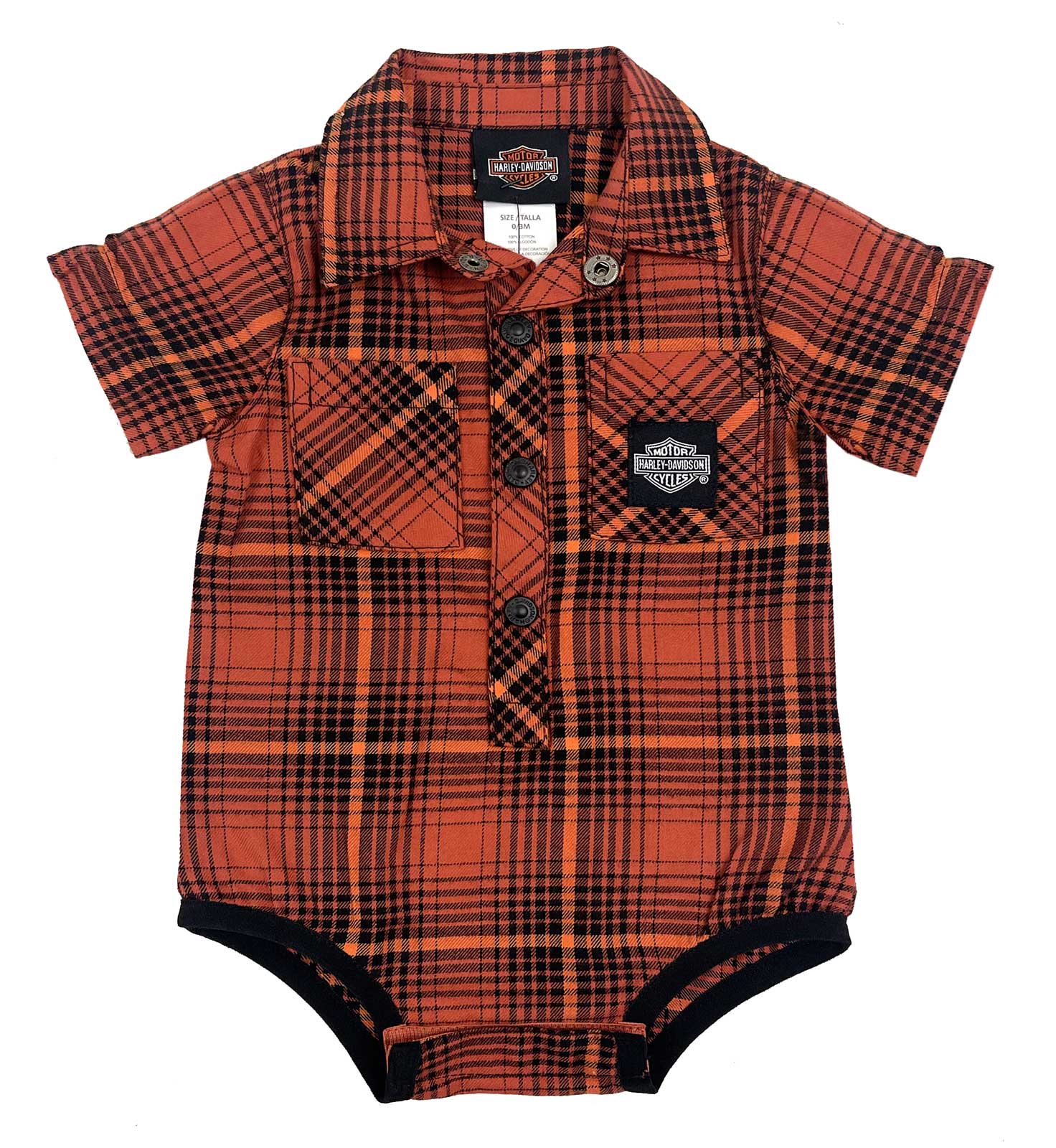 Harley-Davidson Baby Boys' B&S Yarn Dyed Newborn Plaid Creeper, Orange/Black - Wisconsin Harley-Davidson