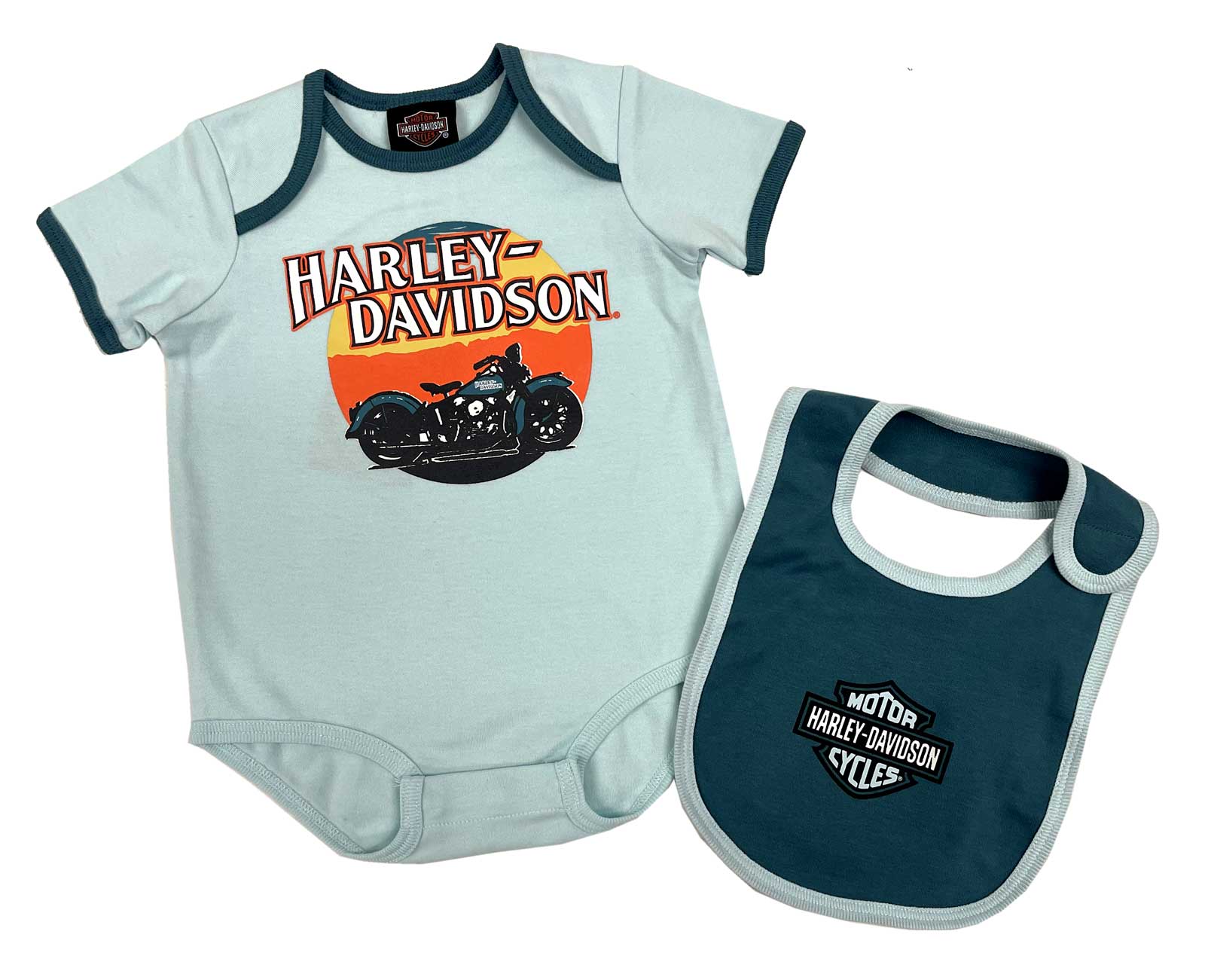 Harley-Davidson Baby Girls' Short Sleeve Newborn Creeper & Bib Set, Teal - Wisconsin Harley-Davidson