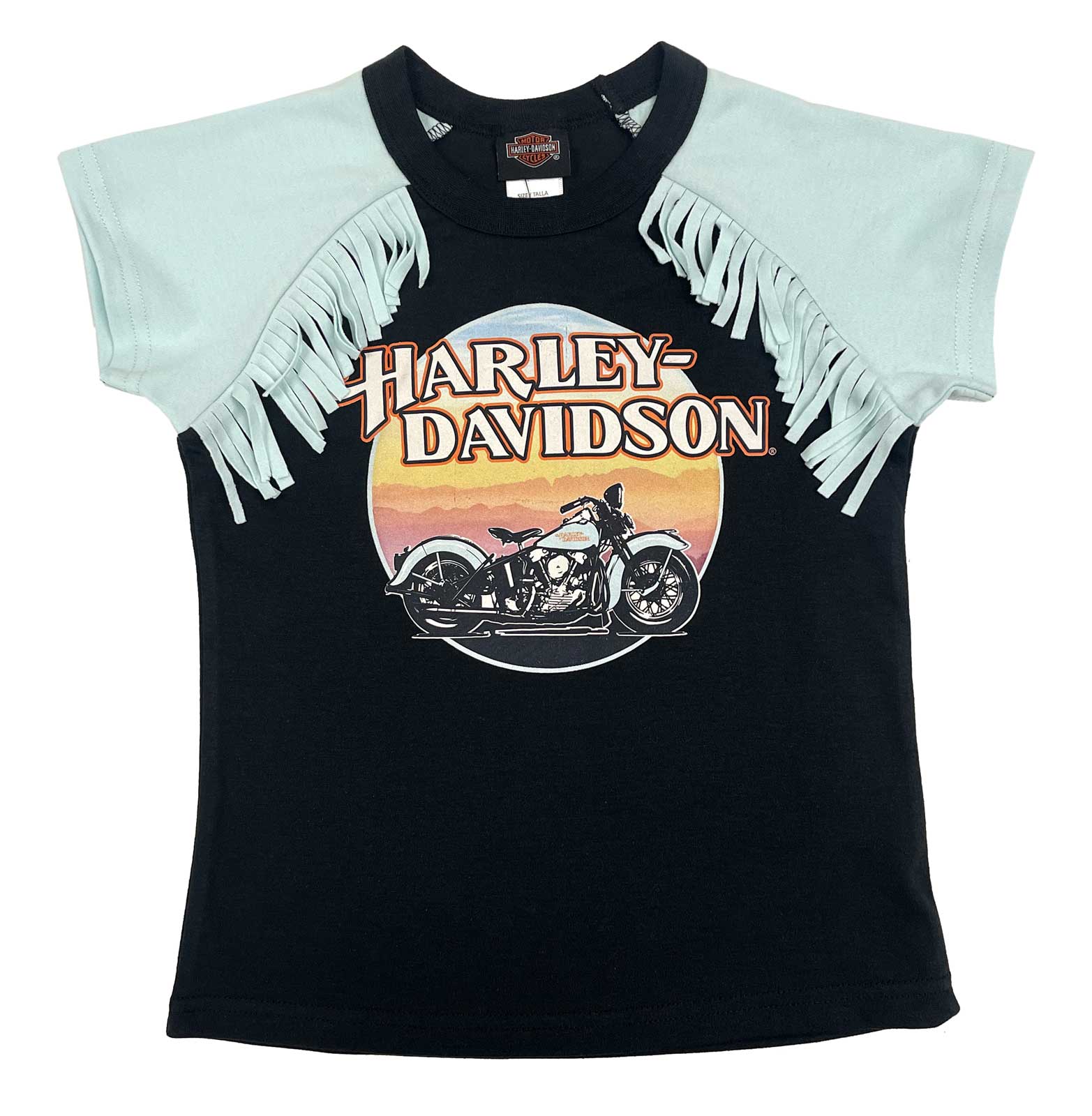Harley-Davidson Girls' Colorblocked Raglan Fringe Short Sleeve Tee, Black/Teal - Wisconsin Harley-Davidson