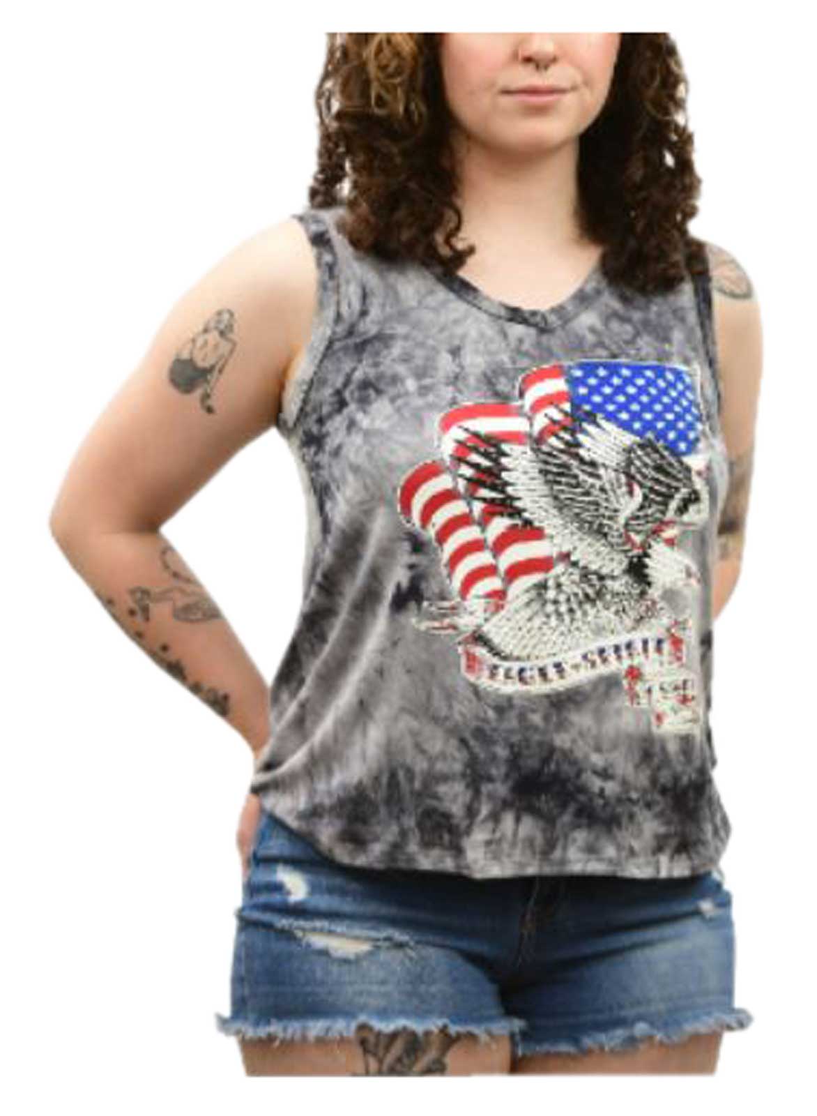 Liberty Wear Women's Embellished American Eagle Sleeveless Tank Top, Wash Gray - Wisconsin Harley-Davidson