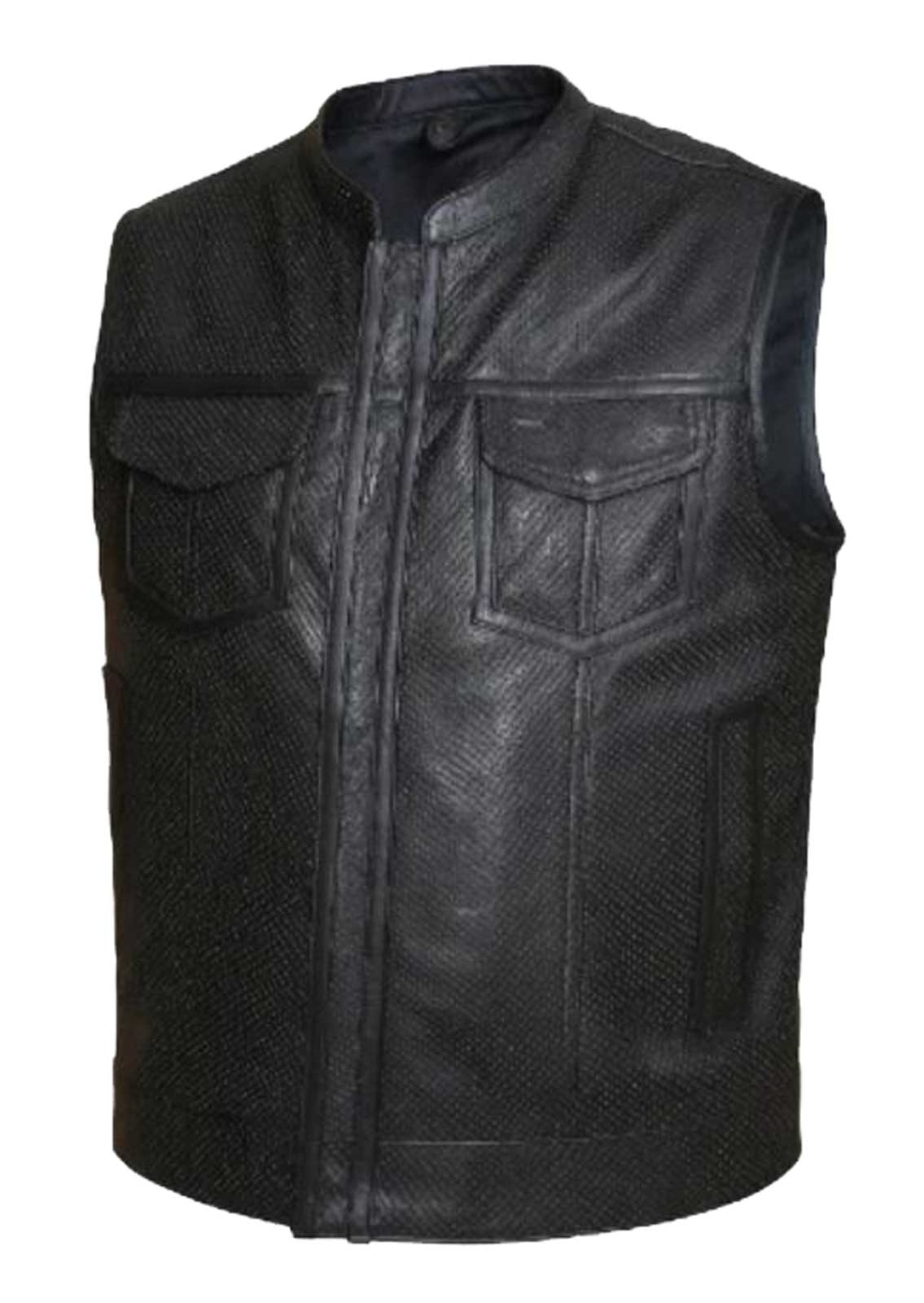 Derringer Men's SOA Style Perforated Club Leather Motorcycle Vest, Black - Wisconsin Harley-Davidson