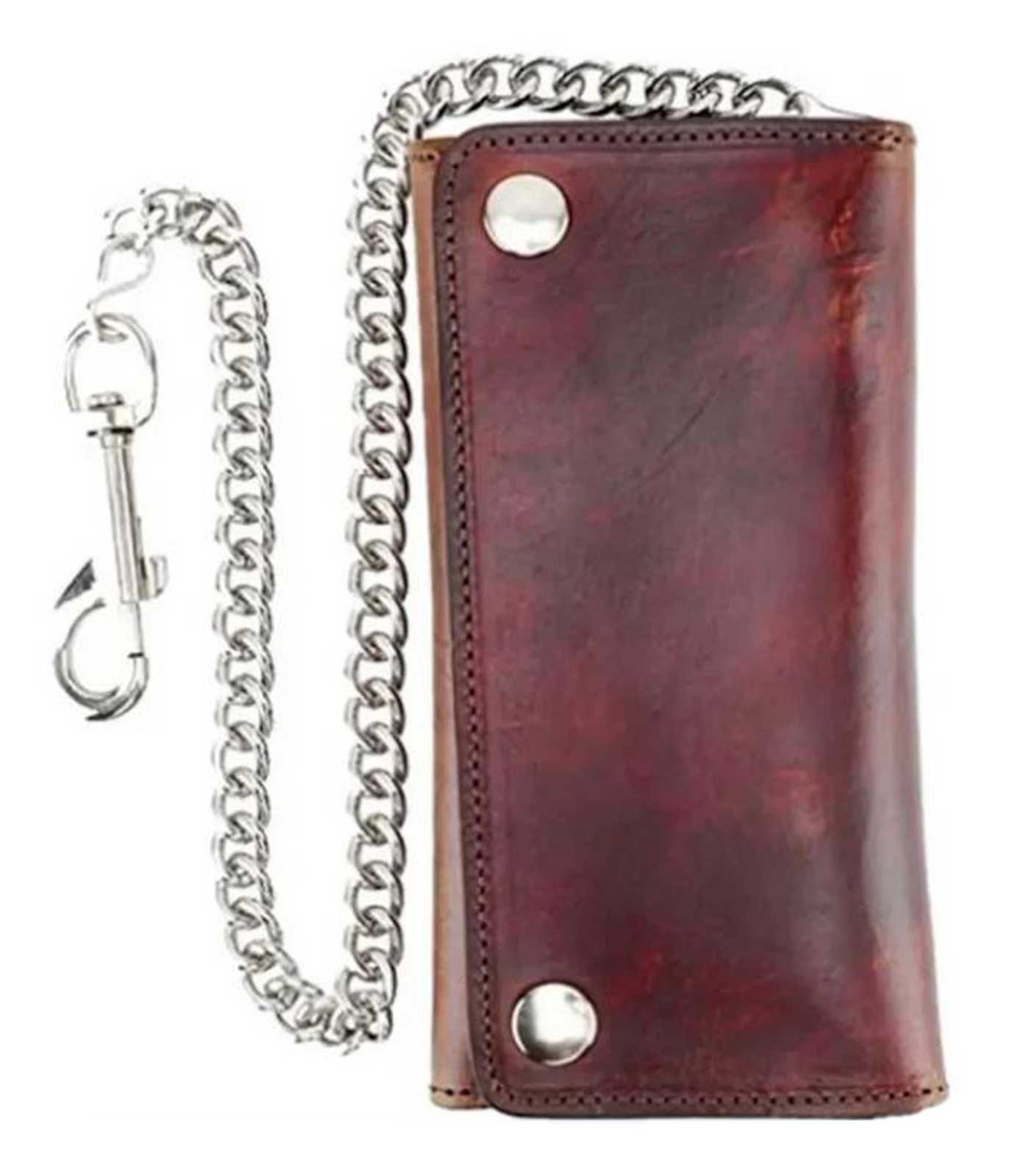 UNIK Men's Motorcycle Biker Chain Tri-Fold Premium Leather Wallet, Red Brown - Wisconsin Harley-Davidson
