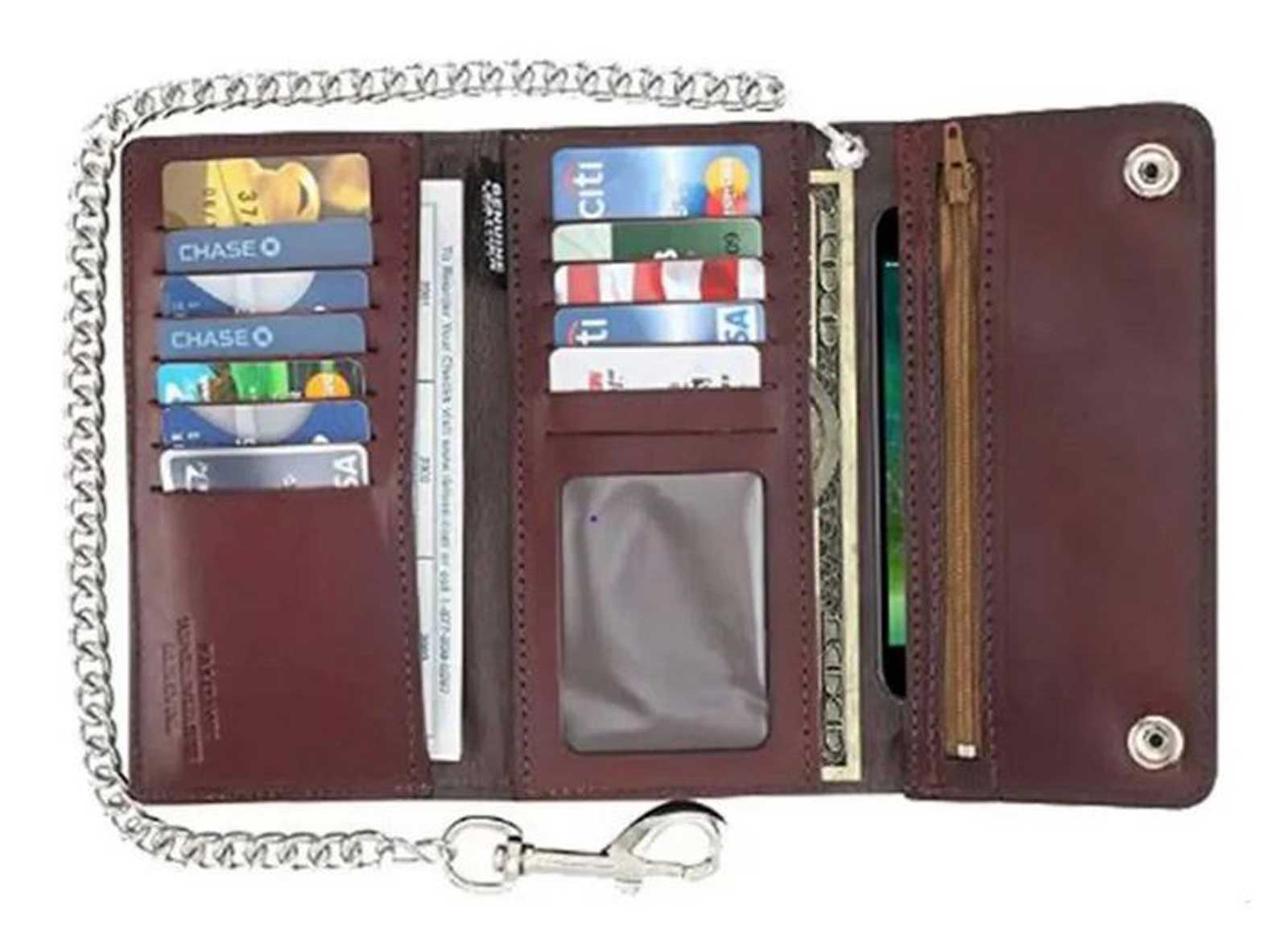 Harley-Davidson Free Shipping - UNIK Men's Motorcycle Biker Chain Tri-Fold Premium Leather Wallet, Red Brown - Free Shipping on many products plus Orders Over $99