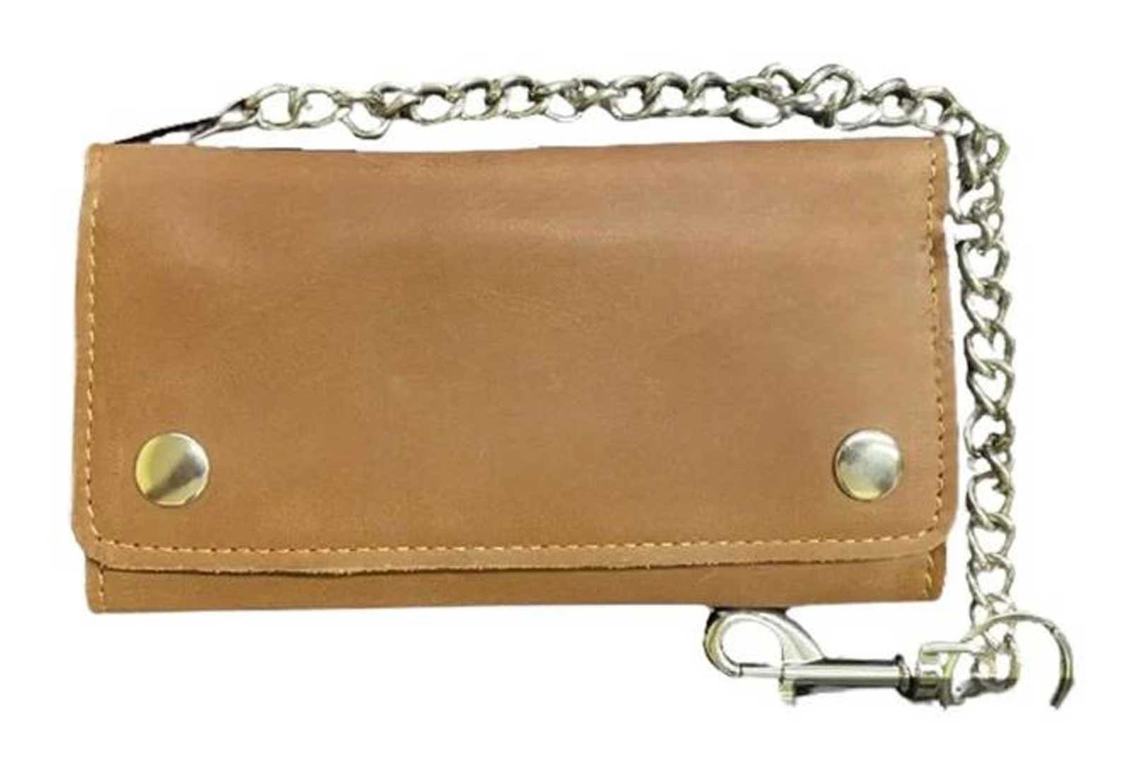 UNIK Men's Motorcycle Biker Chain Tri-Fold Premium Leather Wallet, Brown - Wisconsin Harley-Davidson