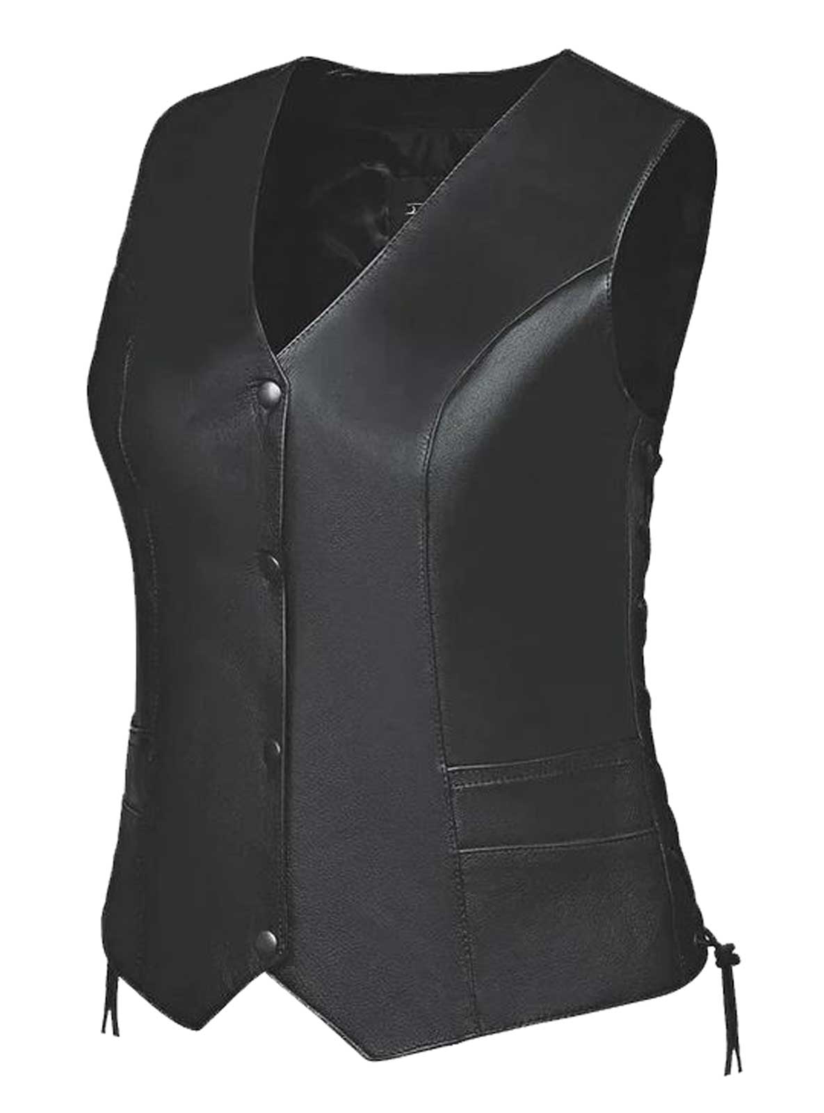 Derringer Ladies Sierra Premium Traditional Cowhide Leather Vest, Solid Black - Wisconsin Harley-Davidson