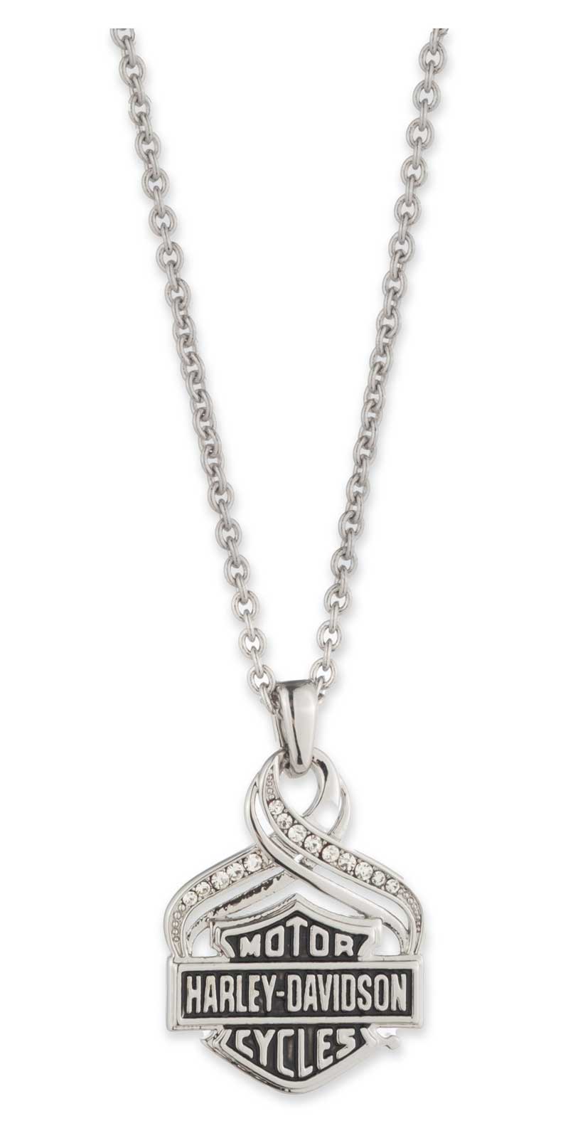 Harley-Davidson Women's 18in Bar & Shield Crystal Twist Pendant Necklace, Silver - Wisconsin Harley-Davidson