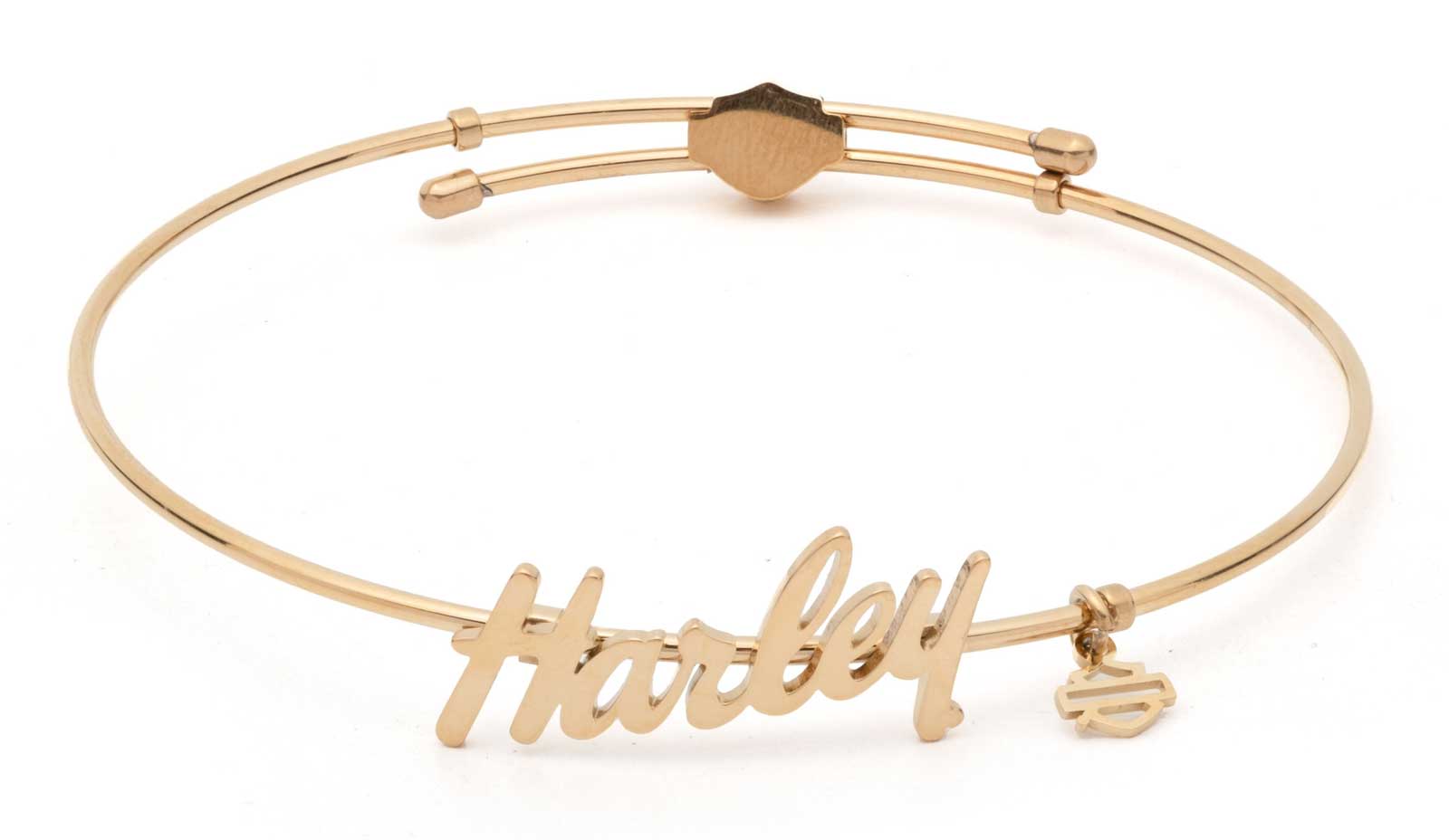 Harley-Davidson Womens Cursive Script Gold Stone Stainless Steel Bangle Bracelet - Wisconsin Harley-Davidson