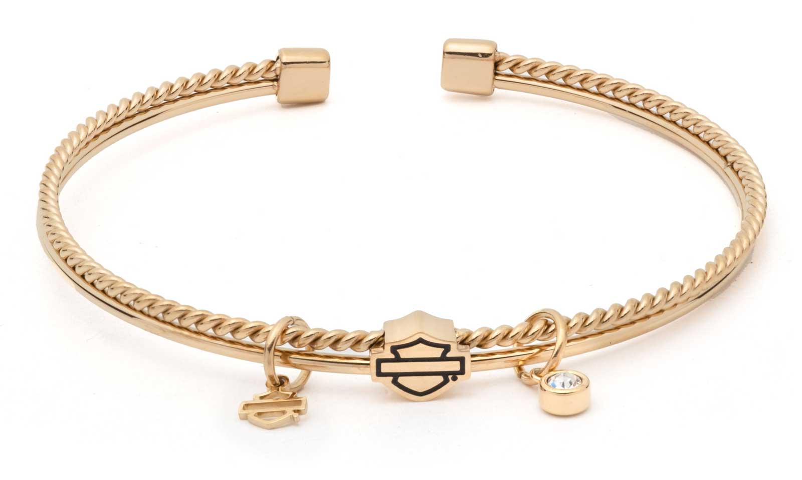 Harley-Davidson Women's Bar & shield Crystal Charms Textured Cuff Bracelet, Gold - Wisconsin Harley-Davidson