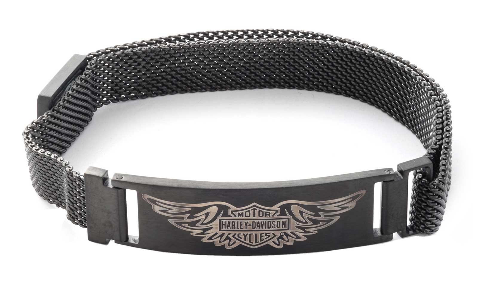 Harley-Davidson Men's Etched Bar & Shield Mesh Stainless Steel Bracelet, Black - Wisconsin Harley-Davidson