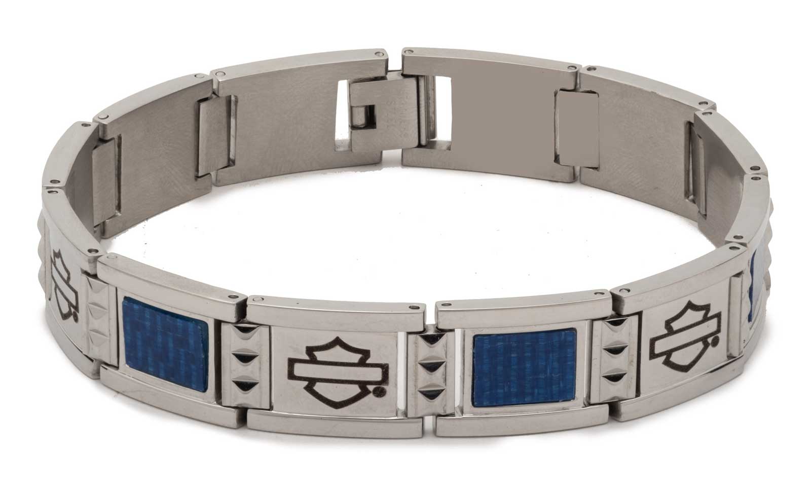 Harley-Davidson Men's Bar & Shield Blue Carbon Fiber Flex Steel Bracelet, Silver - Wisconsin Harley-Davidson