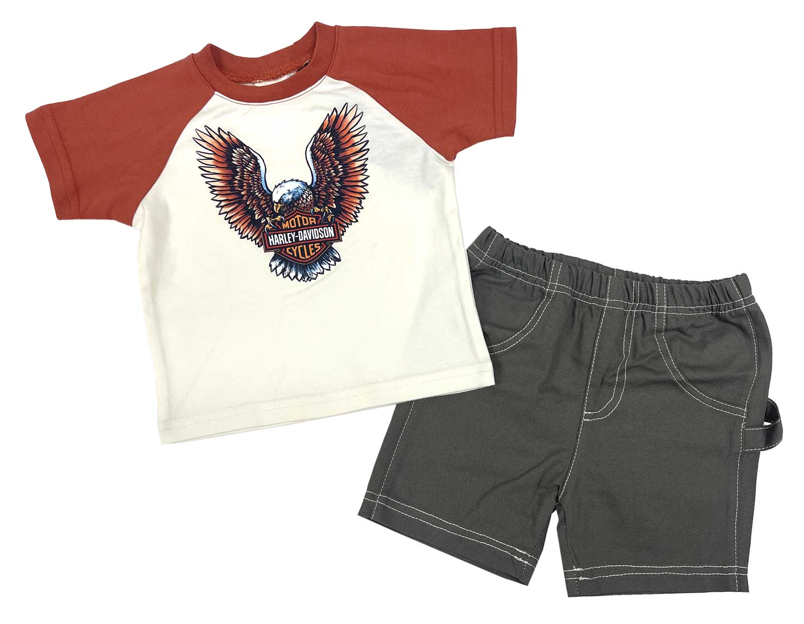 Harley-Davidson Baby Boys' 2-Piece Newborn Raglan Tee & Canvas Short Set, Tan - Wisconsin Harley-Davidson