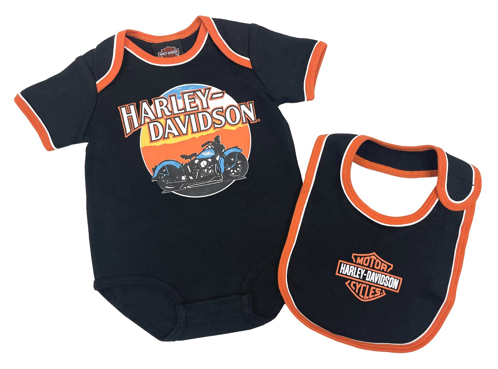 Harley-Davidson Baby Boys' Short Sleeve Newborn Creeper & Bib Set, Black/Orange - Wisconsin Harley-Davidson