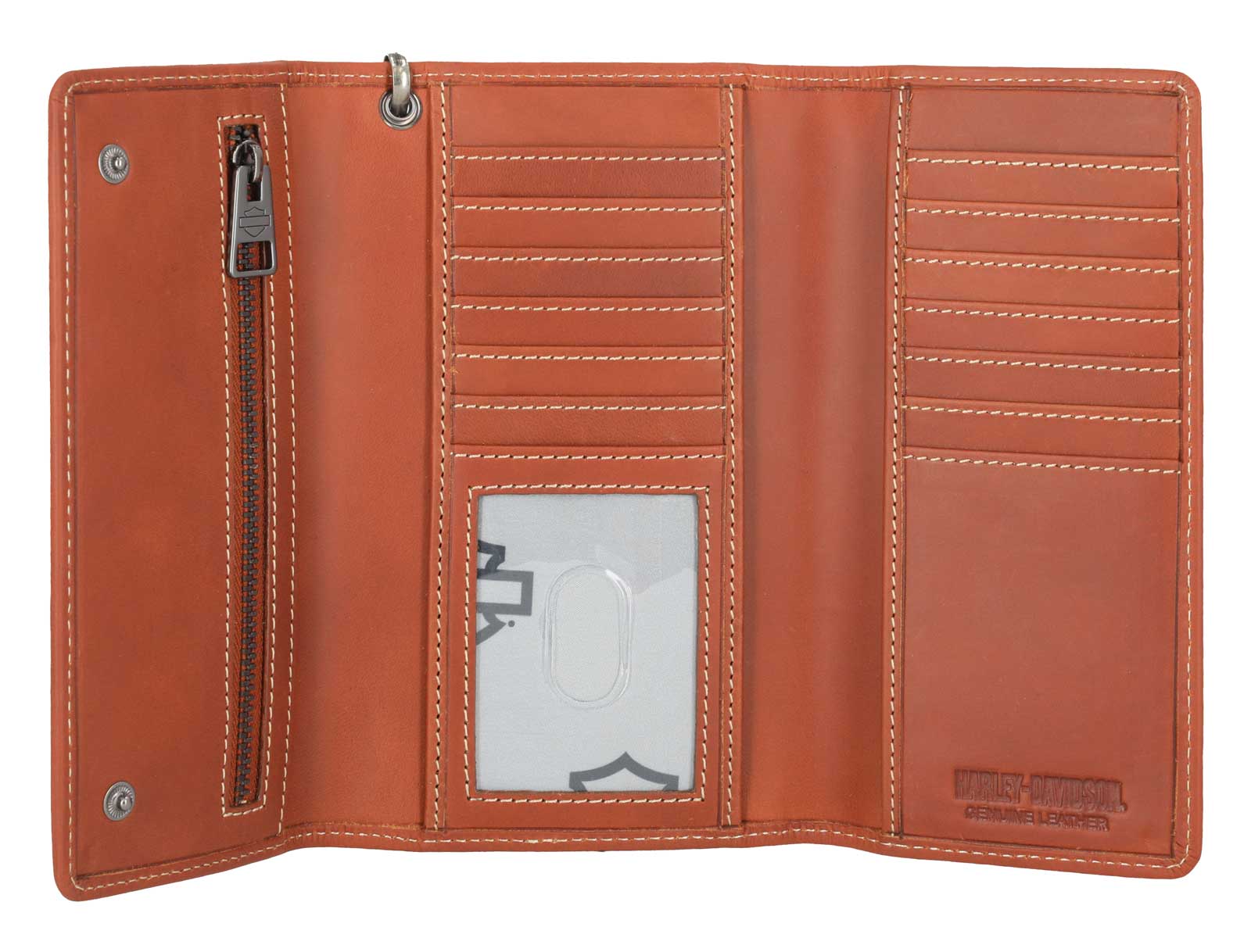 Harley-Davidson Men's Traditional B&S Embossed Trucker Wallet w/Chain, Brown - No Hassle Returns at Wisconsin Harley