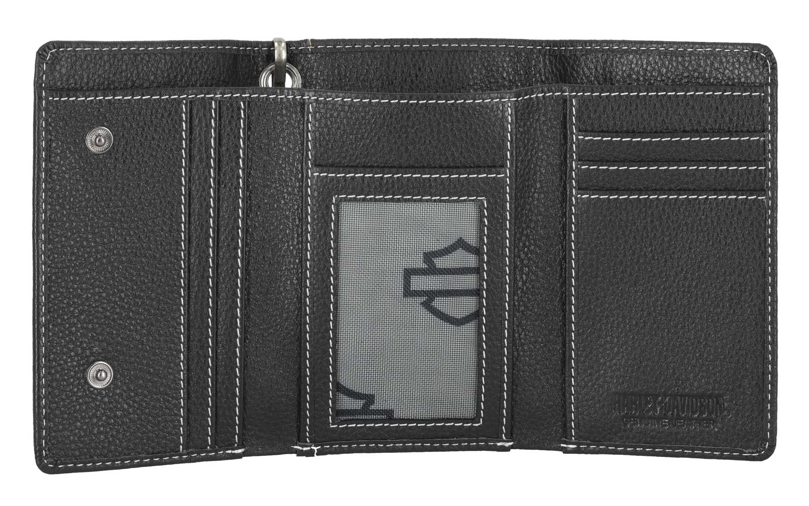 Harley-Davidson Men's Bar & Shield Embroidered Leather Trifold Wallet w/ Chain - No Hassle Returns at Wisconsin Harley