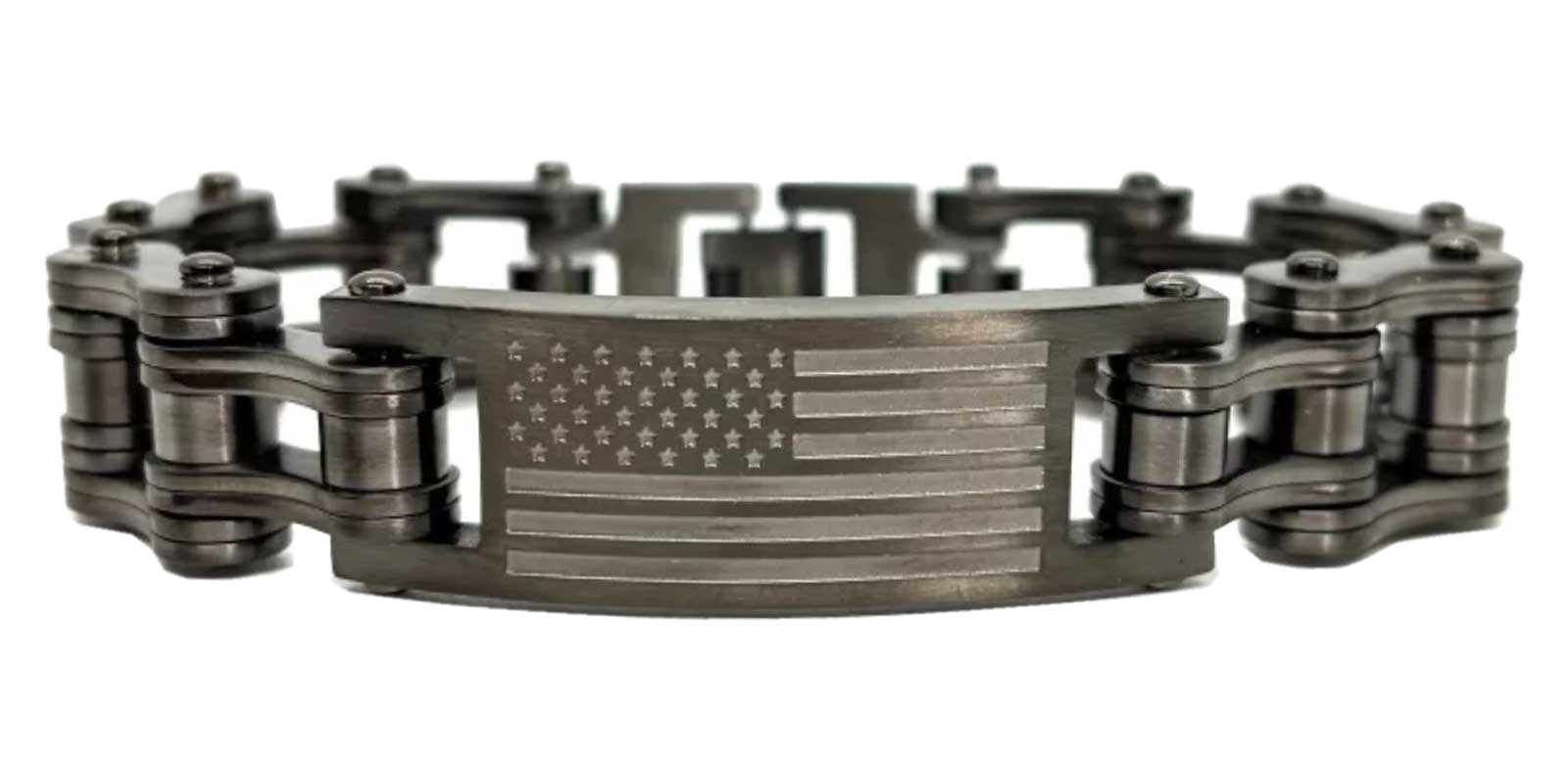 Heavy Metal Men's American Flag Badge Motorcycle Stainless Steel Bracelet - Wisconsin Harley-Davidson