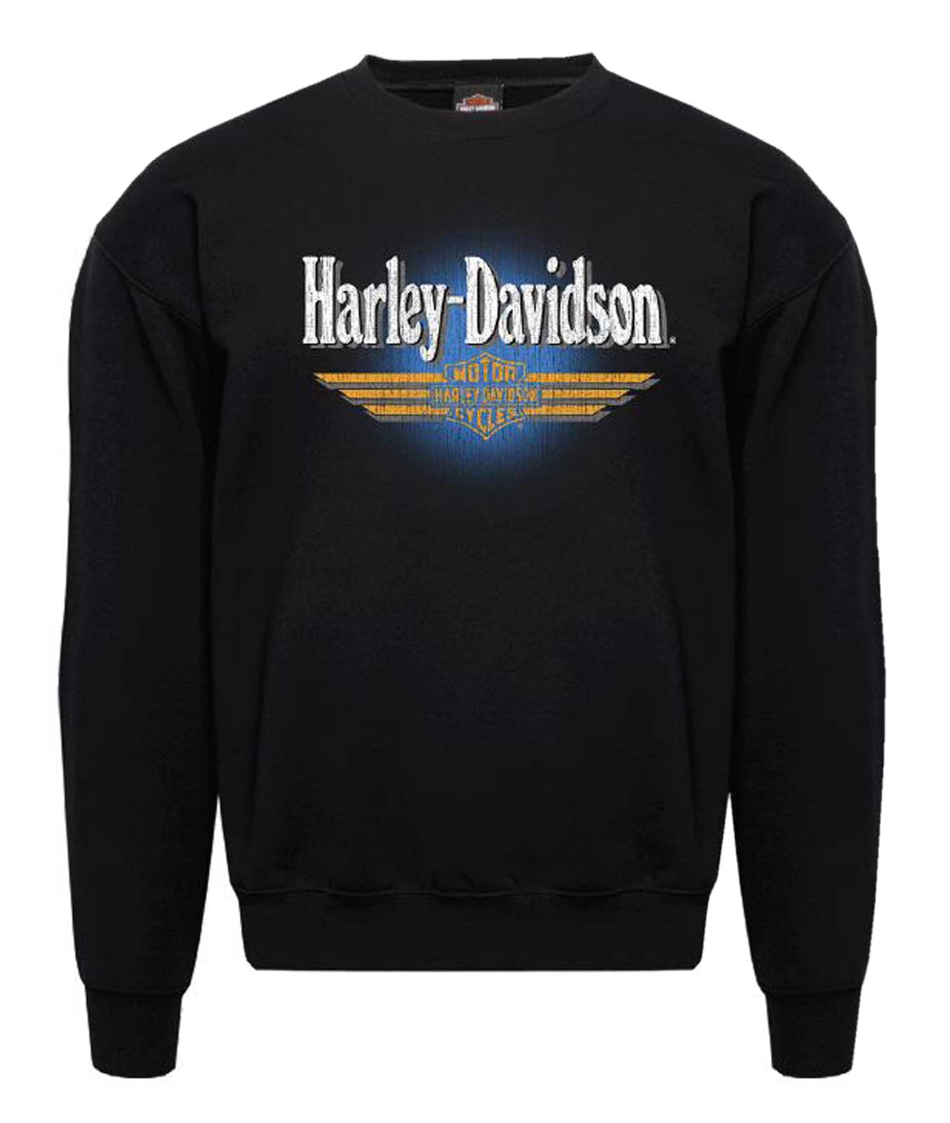 Harley-Davidson Men's Retro Distressed Crew-Neck Fleece Pullover, Black - Wisconsin Harley-Davidson