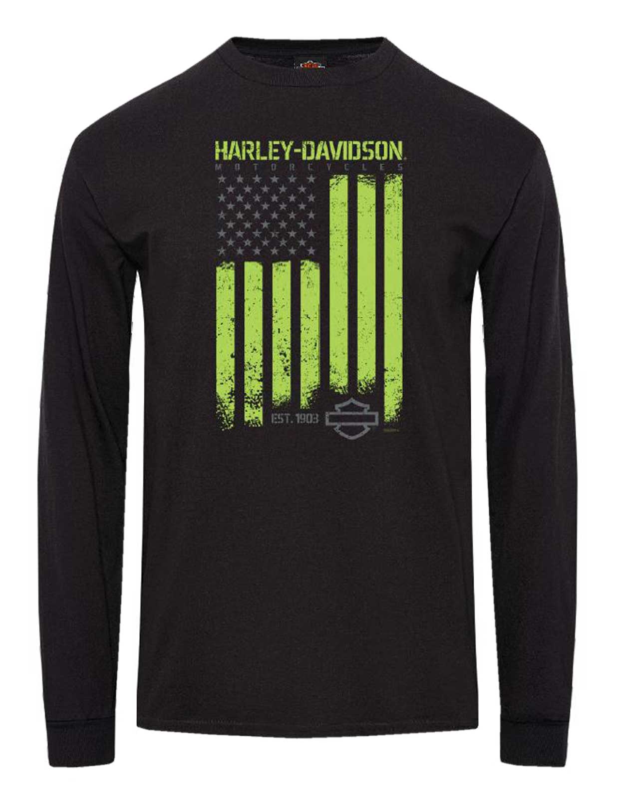 Harley-Davidson Men's Ruled Distressed Flag Long Sleeve Cotton Shirt, Black - Wisconsin Harley-Davidson