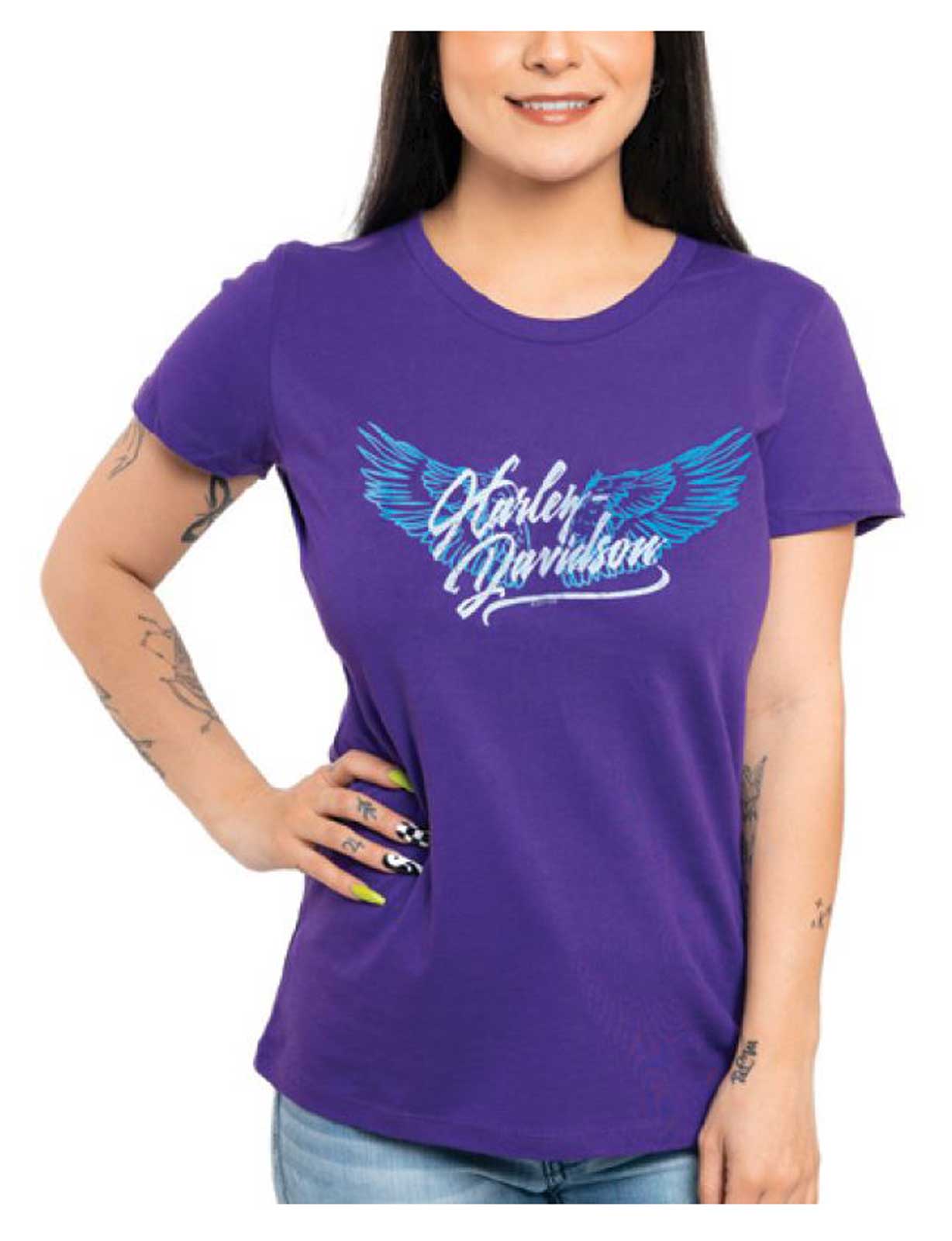 Harley-Davidson Women's More Wings Short Sleeve Crew Neck Cotton Tee, Purple - Wisconsin Harley-Davidson