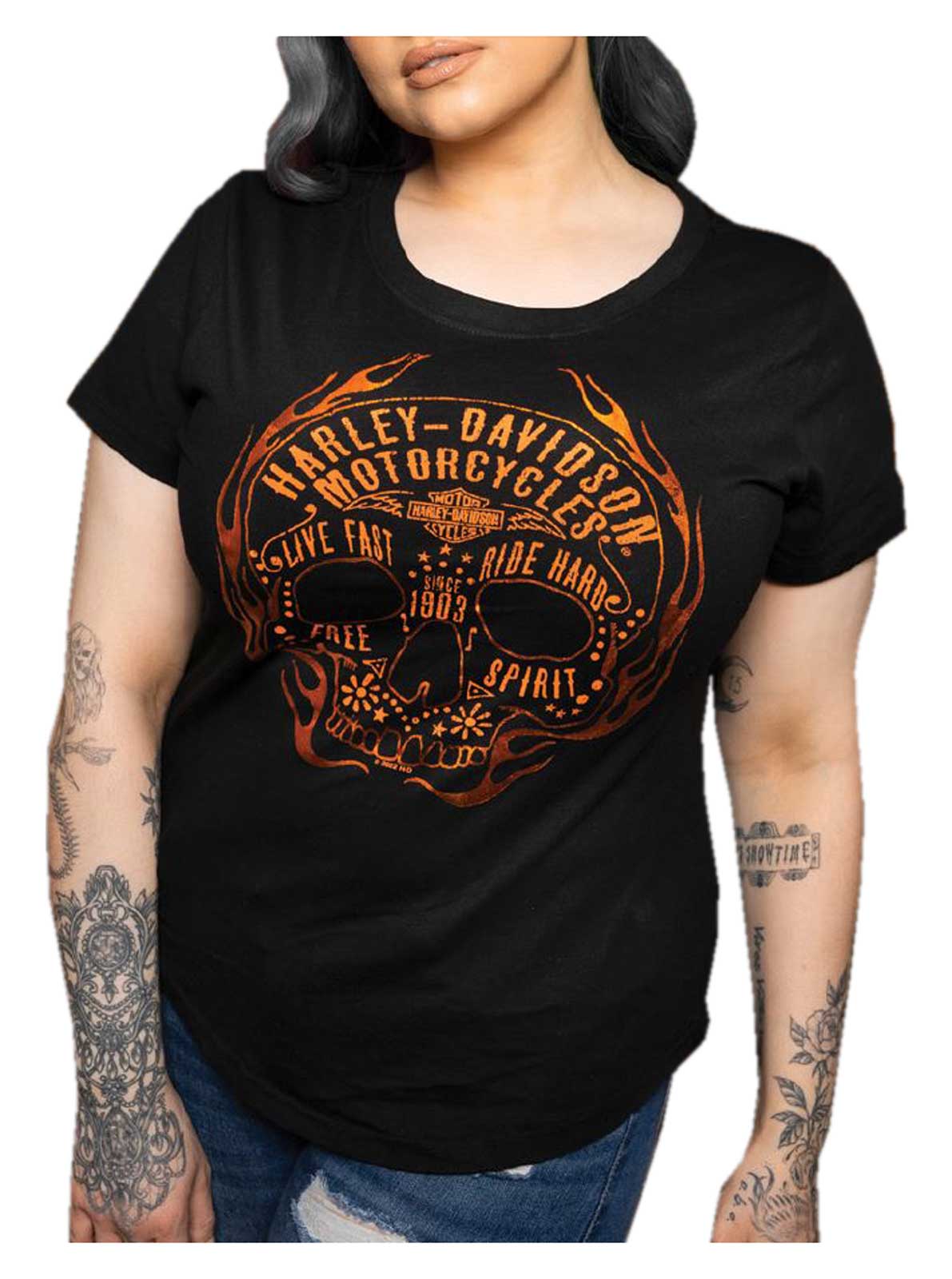 Harley-Davidson Women's Sweet Heat Scoop Neck Short Sleeve Cotton Tee, Black - Wisconsin Harley-Davidson