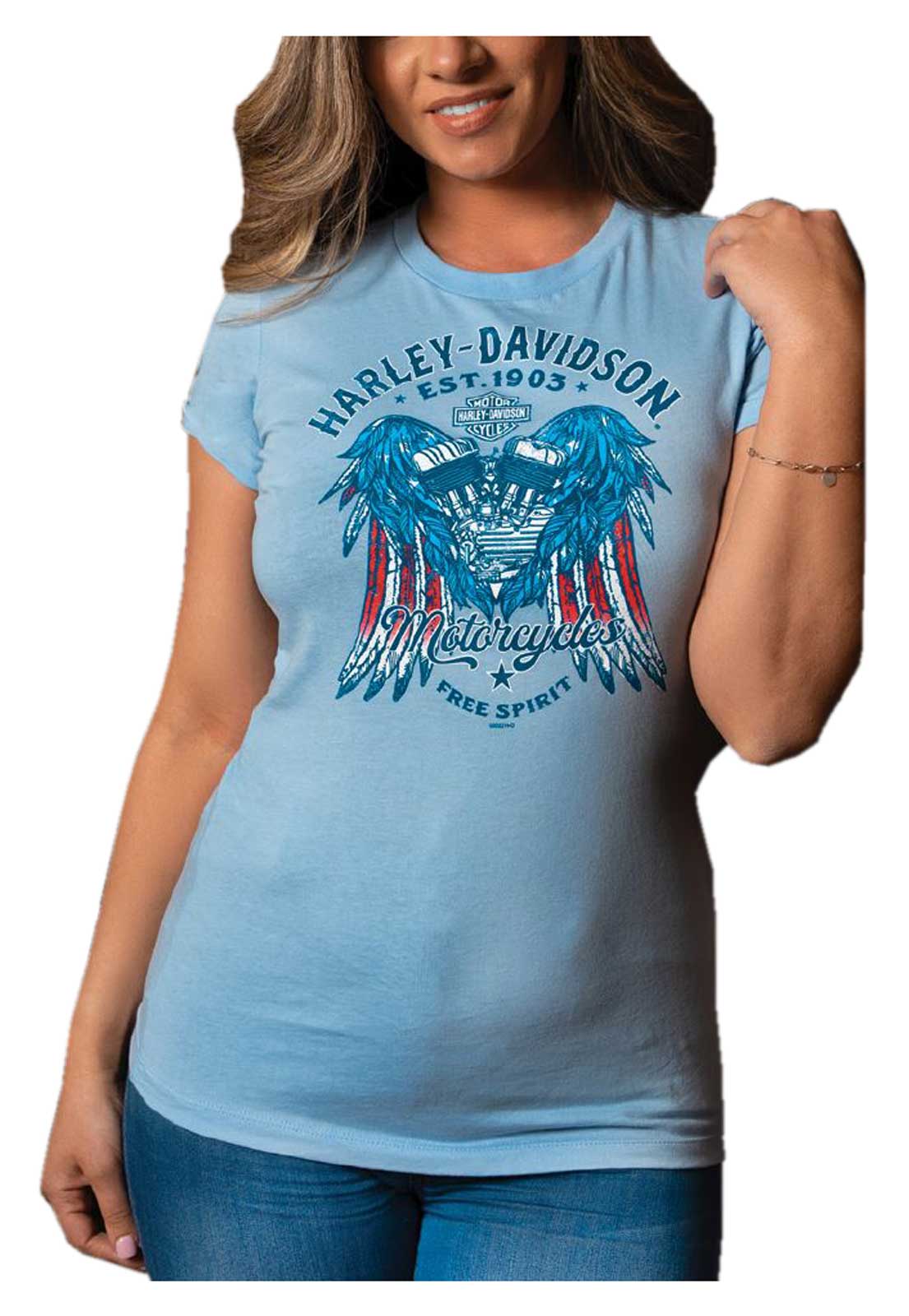 Harley-Davidson Women's Heart Flag Short Sleeve Slim Fit Crew Neck Tee, Blue - Wisconsin Harley-Davidson