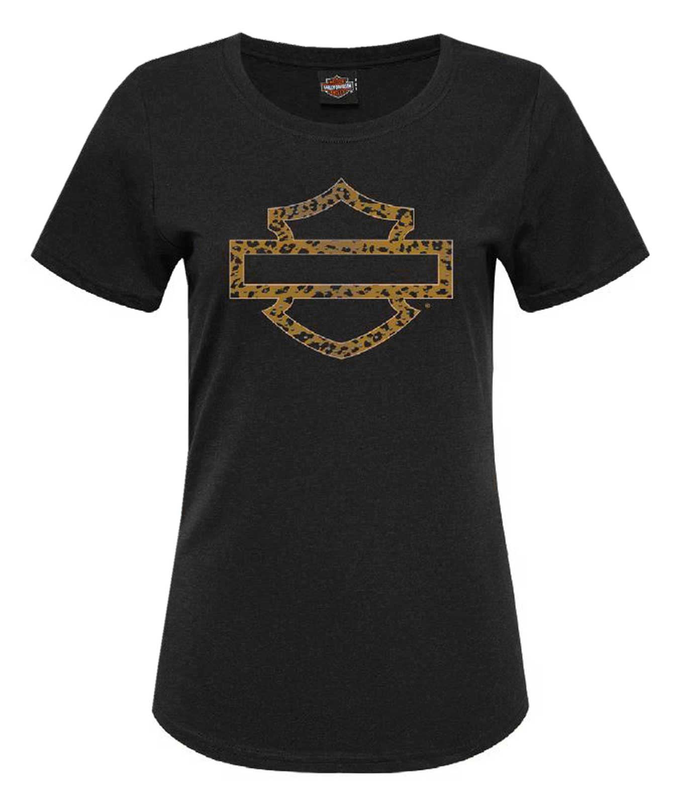 Harley-Davidson Women's Leopard Bling Short Sleeve Curved Hem Tee, Black - Wisconsin Harley-Davidson