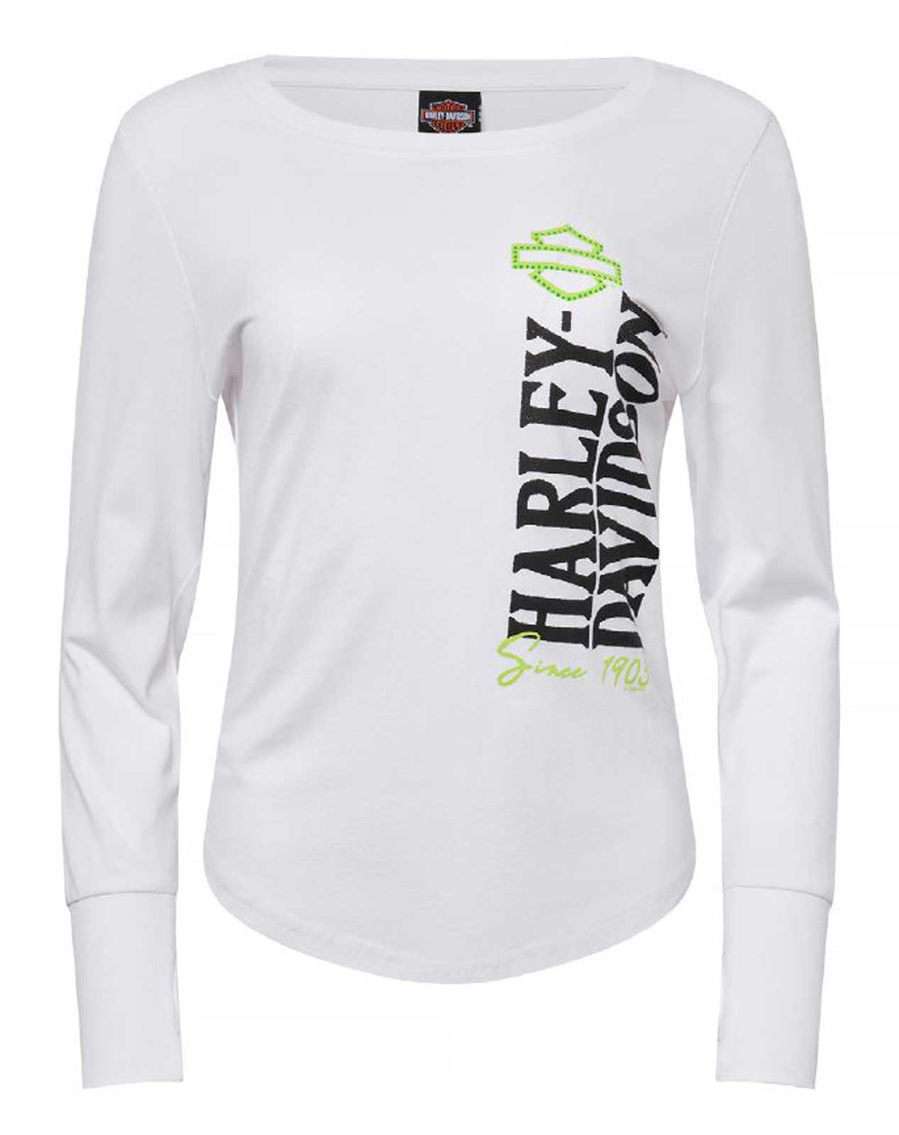 Harley-Davidson Women's Modern Embellished Long Sleeve Scoop Neck Shirt, White - Wisconsin Harley-Davidson