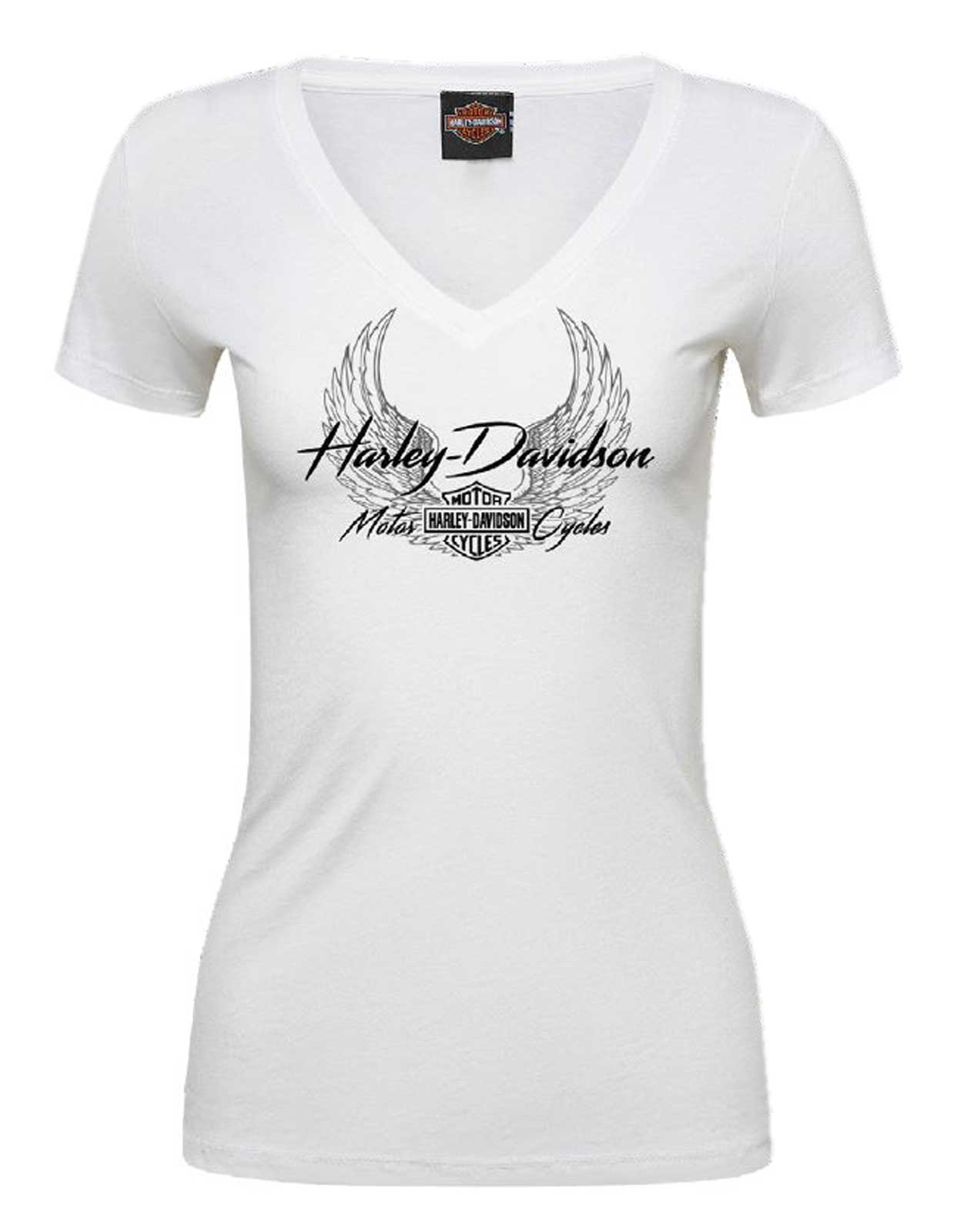 Harley-Davidson Women's Charm Short Sleeve V-Neck Poly-Blend Tee, White - Wisconsin Harley-Davidson