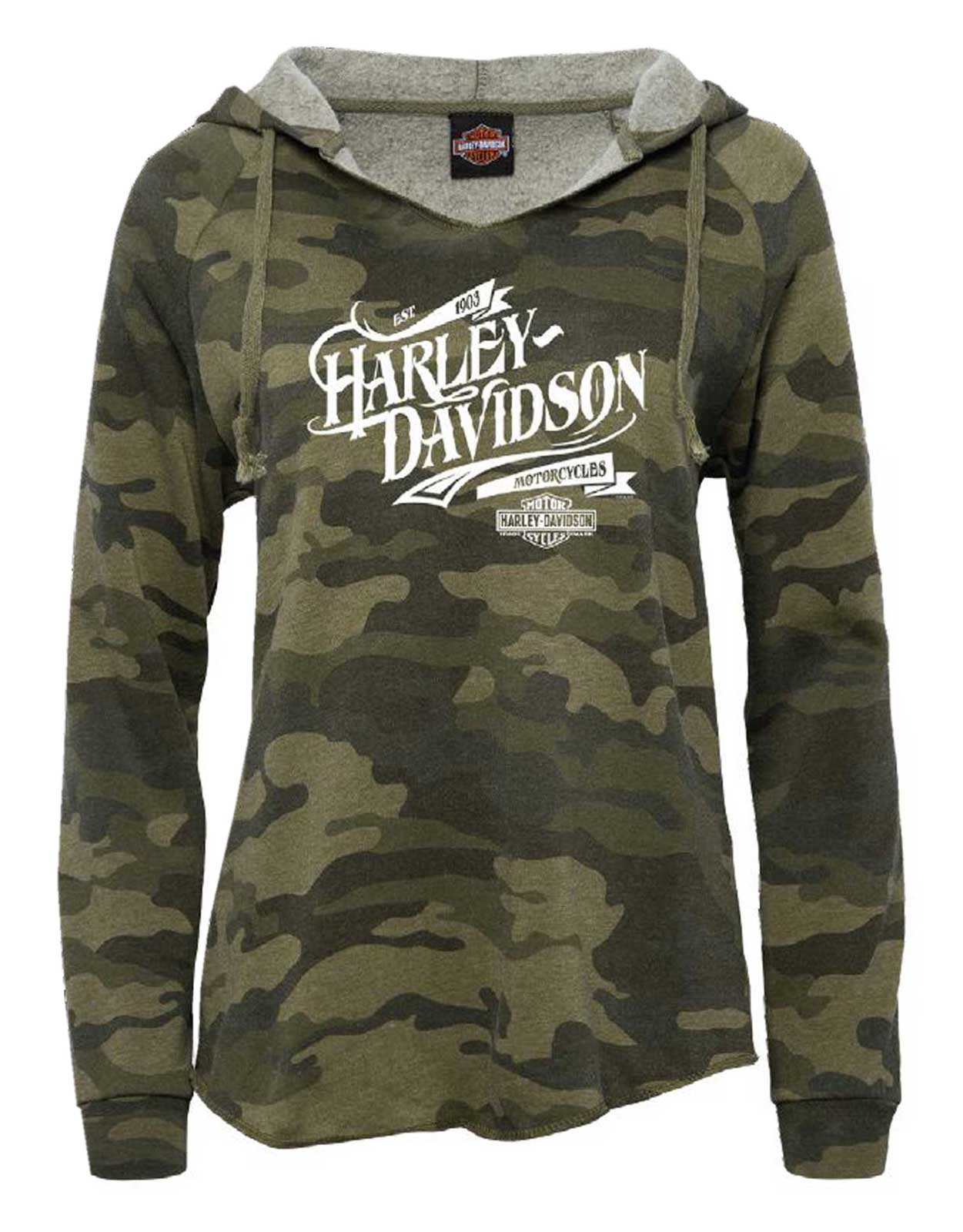 Harley-Davidson Women's Release Camo Raw-Edge Curved Hem Pullover Hoodie - Wisconsin Harley-Davidson