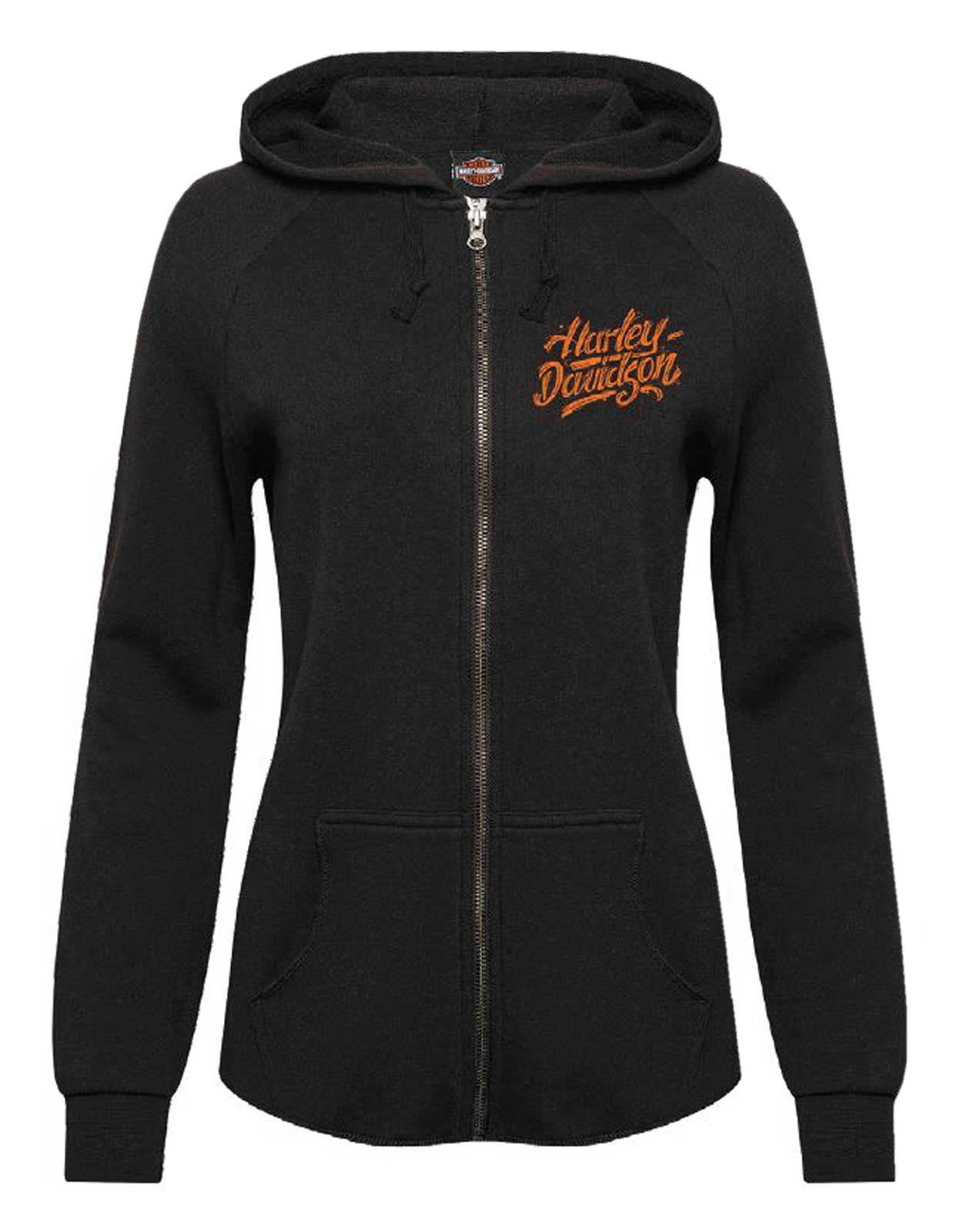 Harley-Davidson Women's Urban Curved Bottom Hem Zip-Up Hoodie, Solid Black - Wisconsin Harley-Davidson