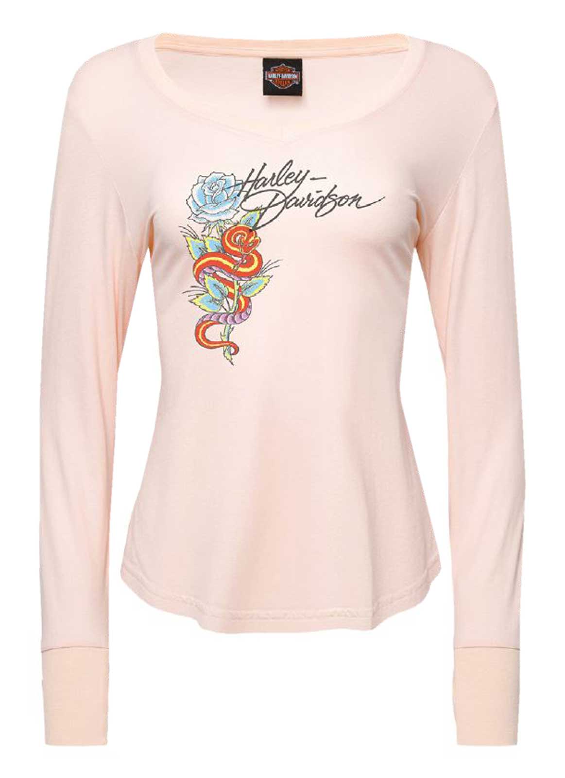 Harley-Davidson Women's Hardy Long Sleeve V-Neck Shirt w/ Thumbholes, Blush - Wisconsin Harley-Davidson