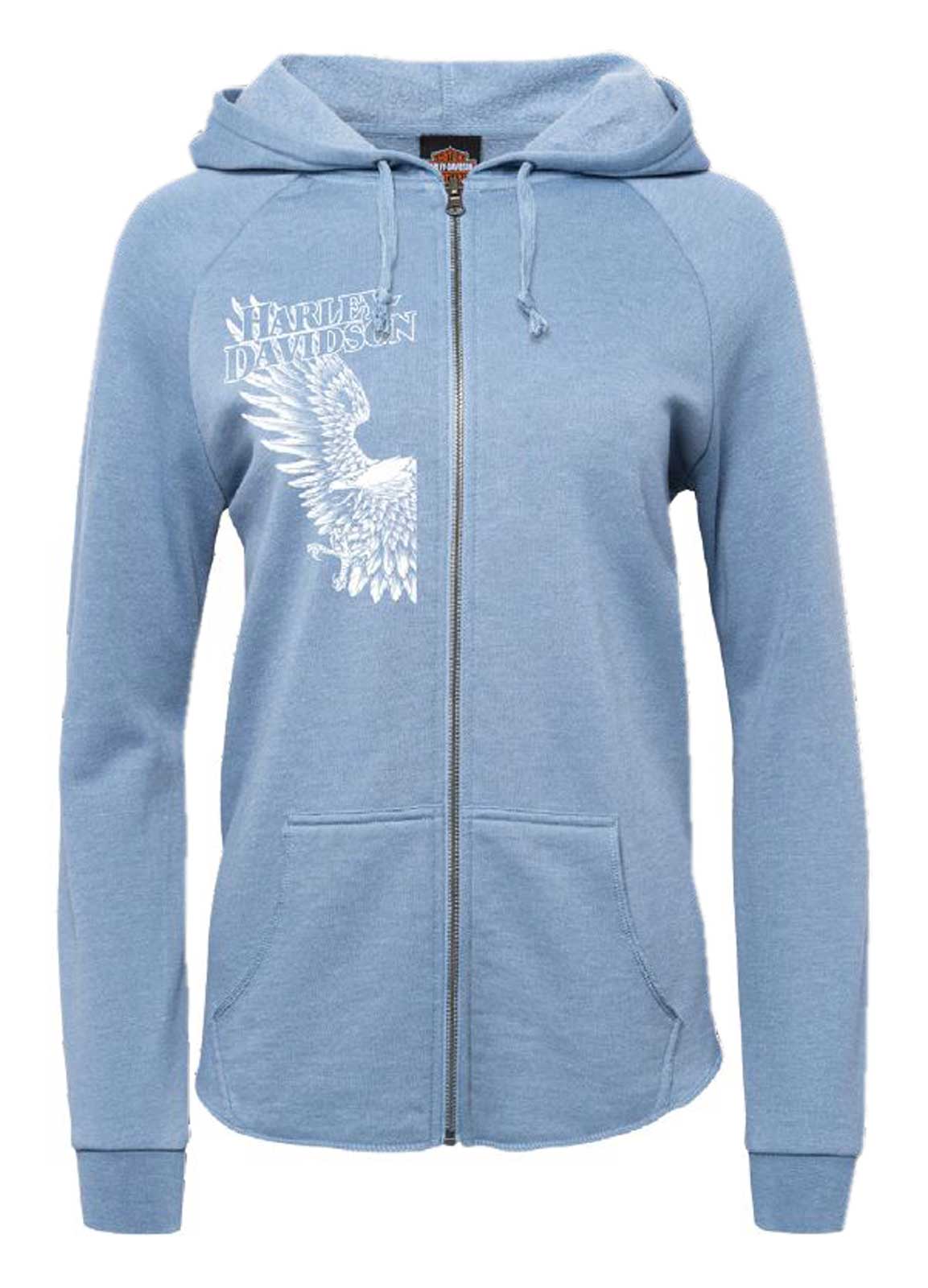 Harley-Davidson Women's Rebel Curved Bottom Hem Zip-Up Hoodie, Misty Blue - Wisconsin Harley-Davidson
